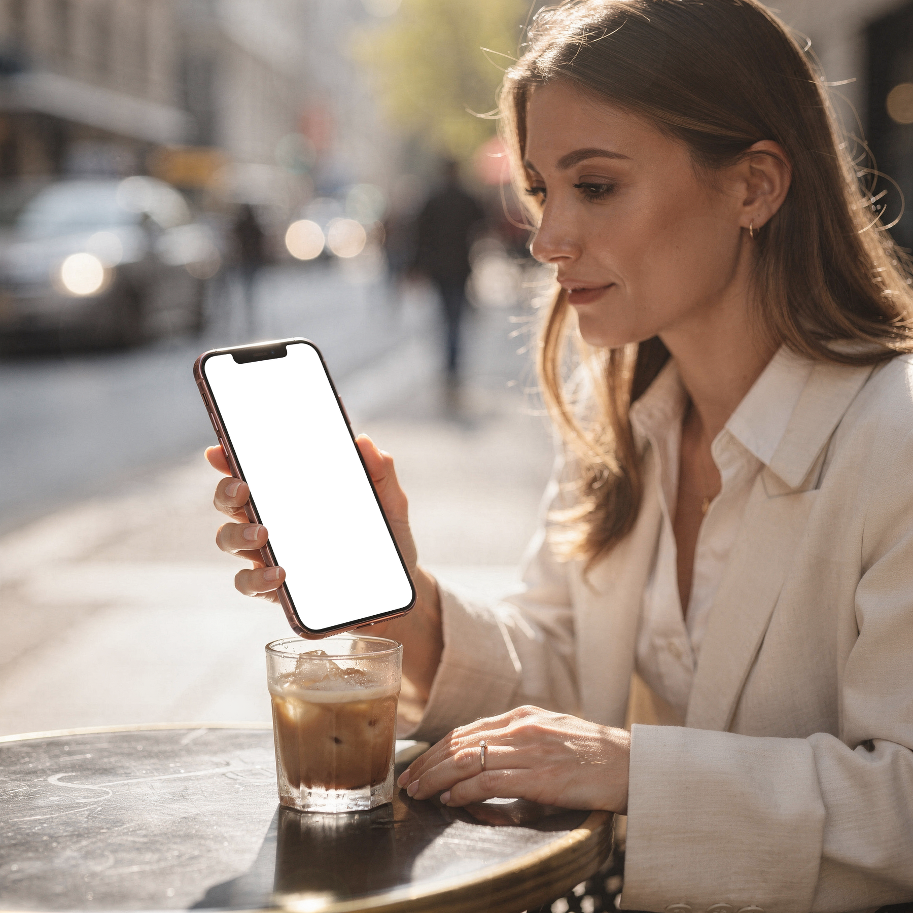 iPhone Mockup — People Cafe Woman Outdoor — Screen Mockup PNG | bulkmockup Download | For UI/UX Designers | MockupBulk