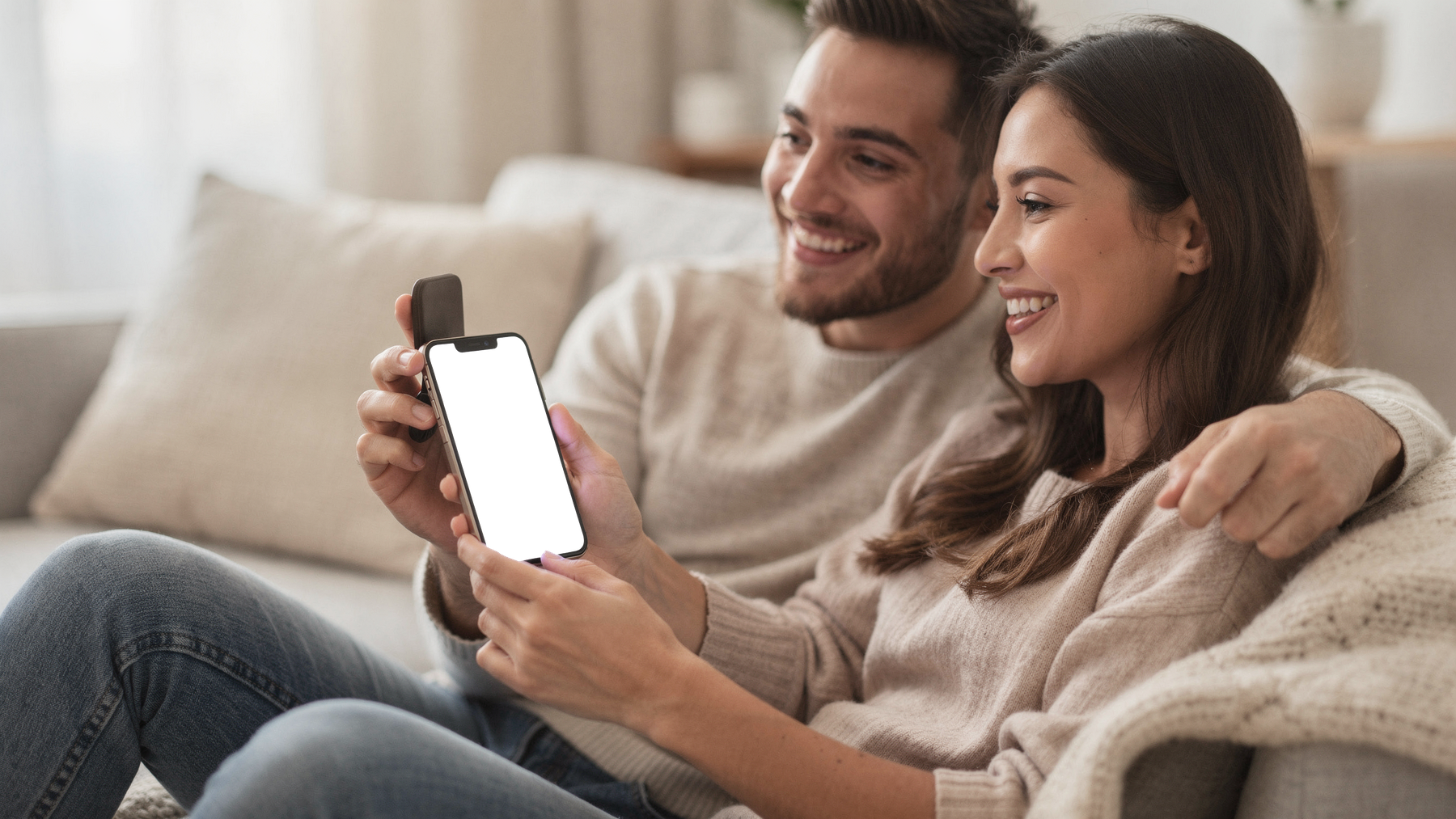 iPhone, People Couch Couple Share | PNG Mockup Template | bulkmockup | For App & Web Designers | MockupBulk