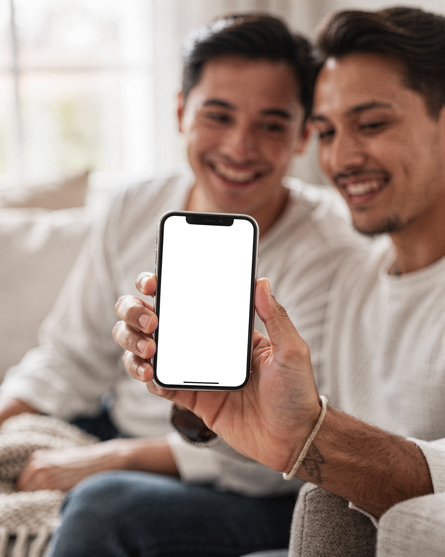 iPhone, People Couch Couple Share | bulkmockup Transparent Mockup | PNG Download | Commercial Use | MockupBulk