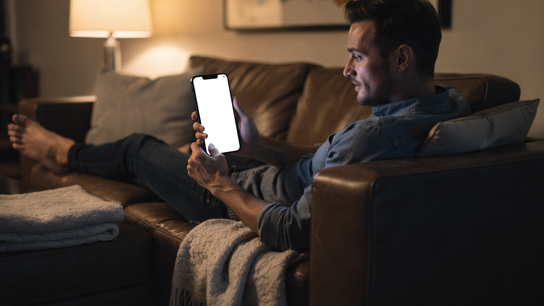 People Couch Man Lounge iPhone Mockup | High-Res PNG Mockup | bulkmockup | Commercial Licence | MockupBulk