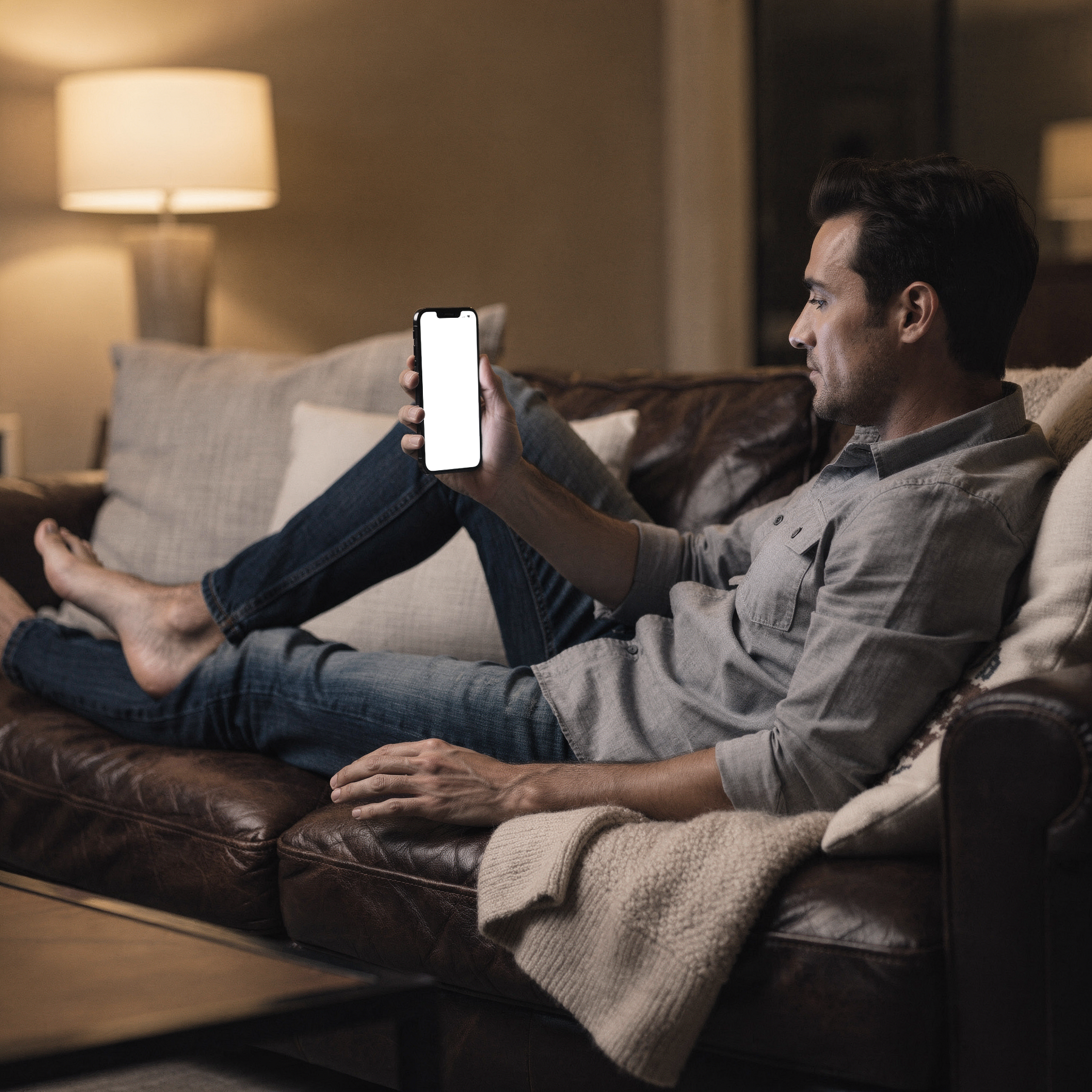 iPhone, People Couch Man Lounge | Device Screen PNG | bulkmockup Template | For Portfolio & Showcase | MockupBulk
