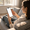iPhone Mockup — People Couch Woman Landscape — Device Screen PNG | bulkmockup Template | For Portfolio & Showcase | MockupBulk