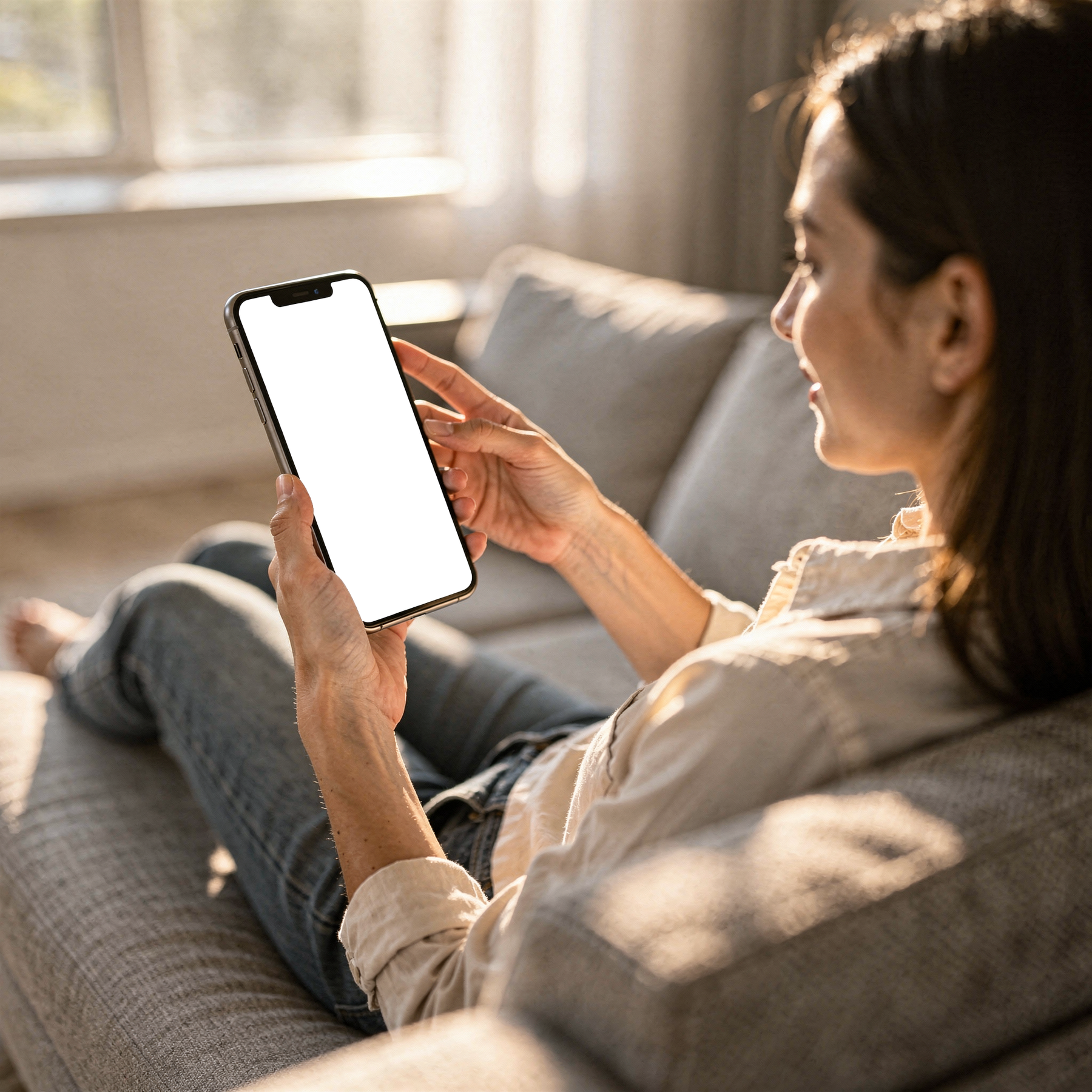 iPhone Mockup — People Couch Woman Landscape — Device Screen PNG | bulkmockup Template | For Portfolio & Showcase | MockupBulk