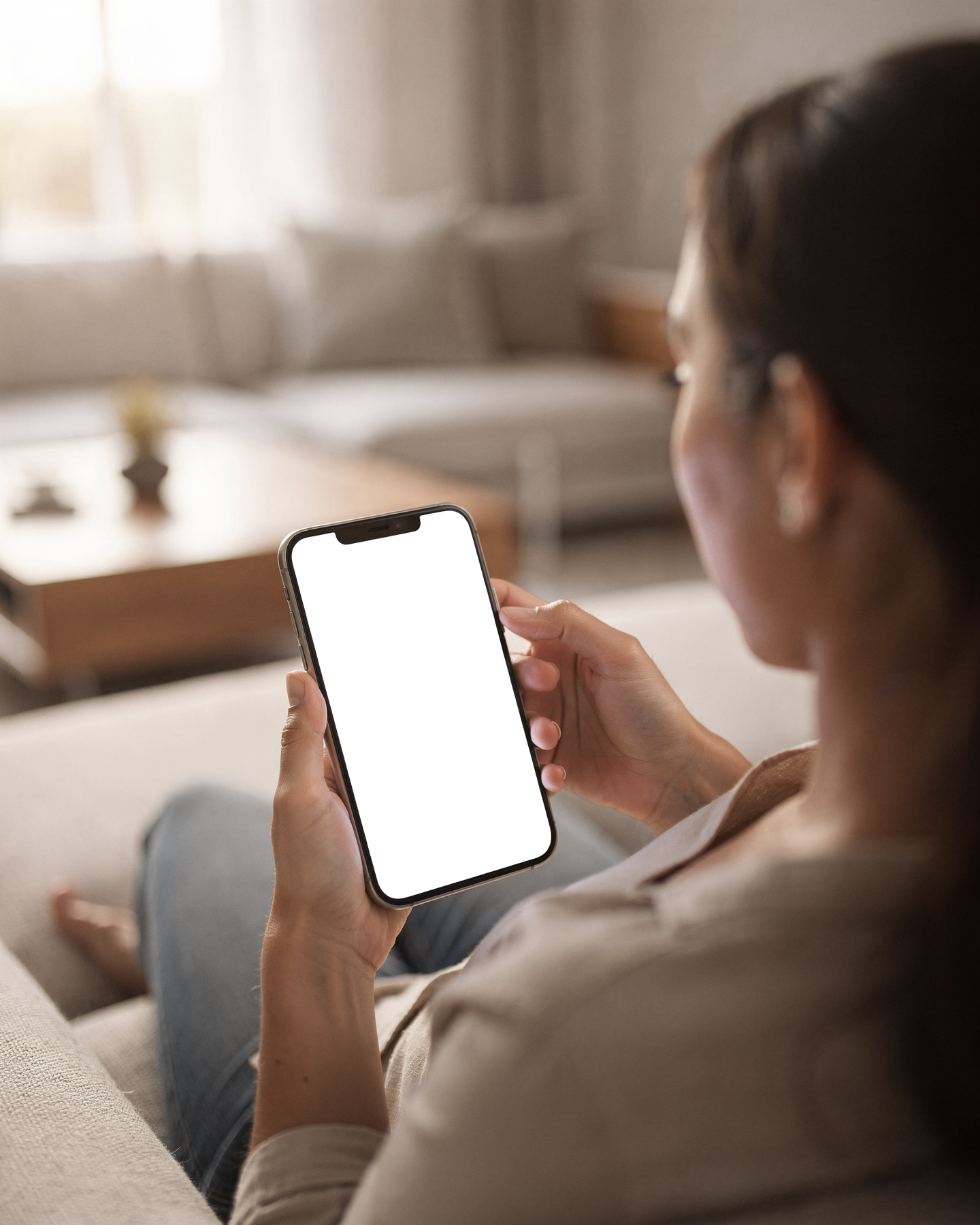 iPhone Mockup | People Couch Woman Landscape | Screen Mockup PNG | bulkmockup Download | For UI/UX Designers | MockupBulk