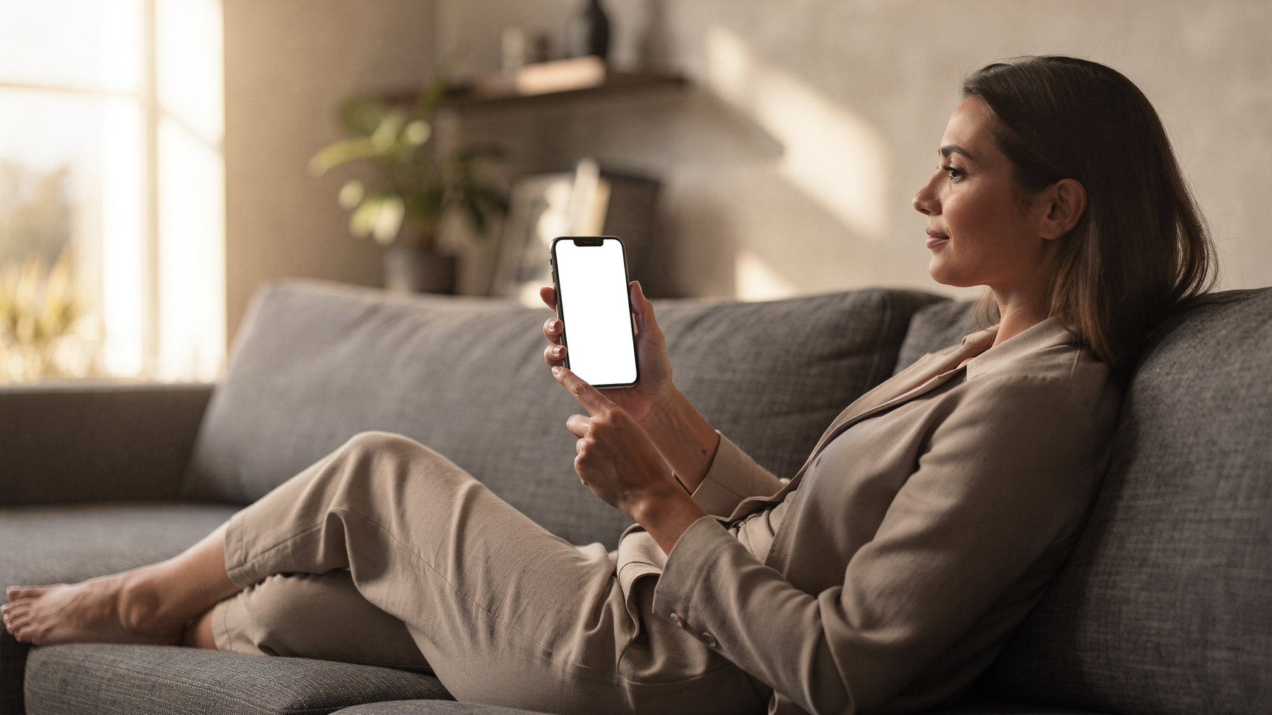iPhone Mockup | People Couch Woman Scroll | Device Mockup PNG | bulkmockup | Commercial Licence Included | MockupBulk