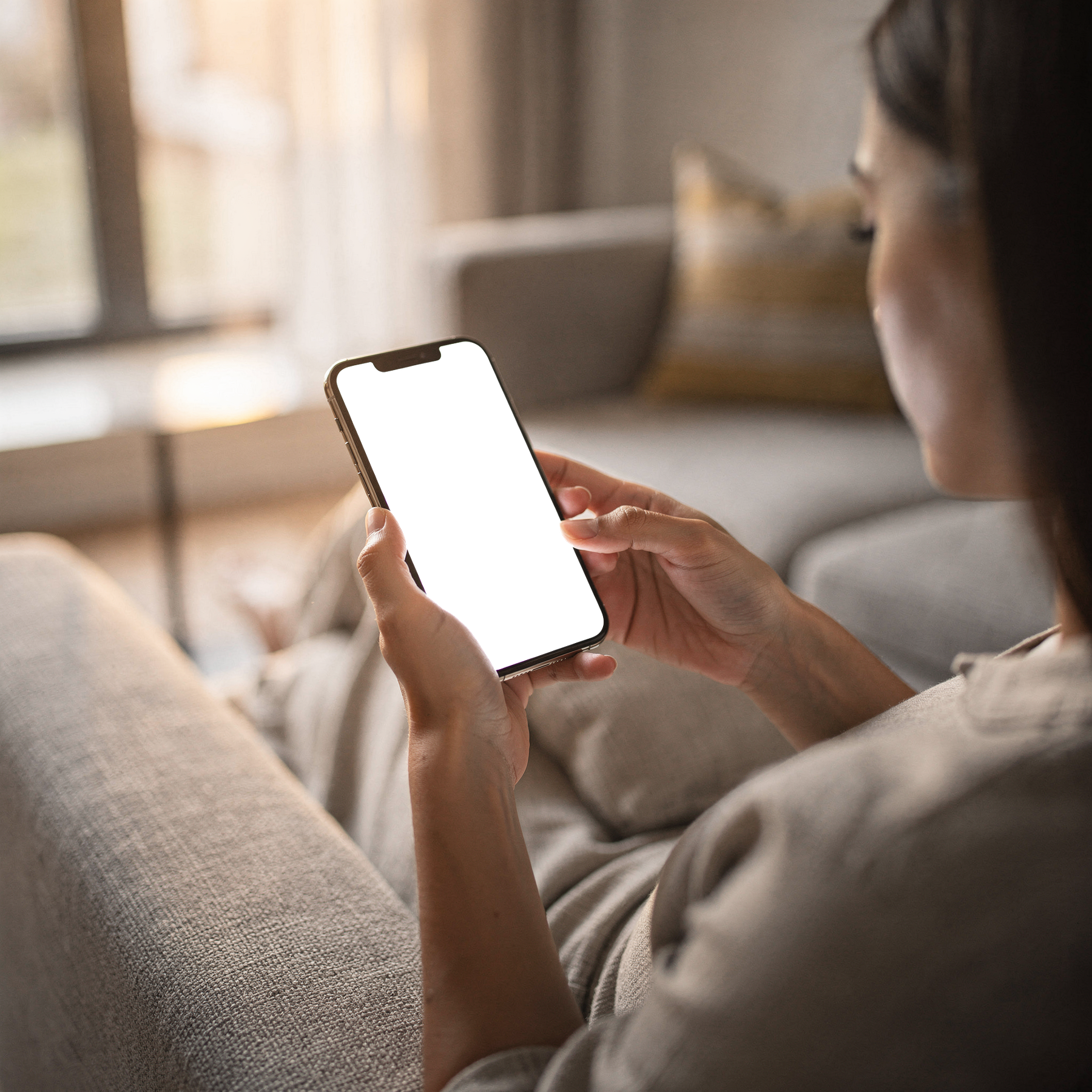 iPhone, People Couch Woman Scroll | Device Mockup PNG | bulkmockup | Commercial Licence Included | MockupBulk