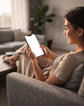 iPhone Mockup — People Couch Woman Scroll — bulkmockup PNG Template | Transparent Display | Commercial Use | MockupBulk