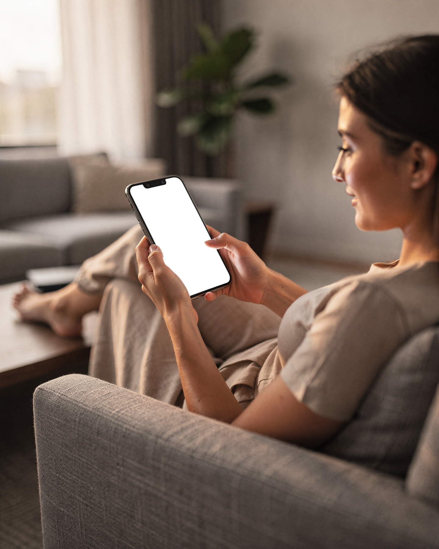 iPhone Mockup — People Couch Woman Scroll — bulkmockup PNG Template | Transparent Display | Commercial Use | MockupBulk