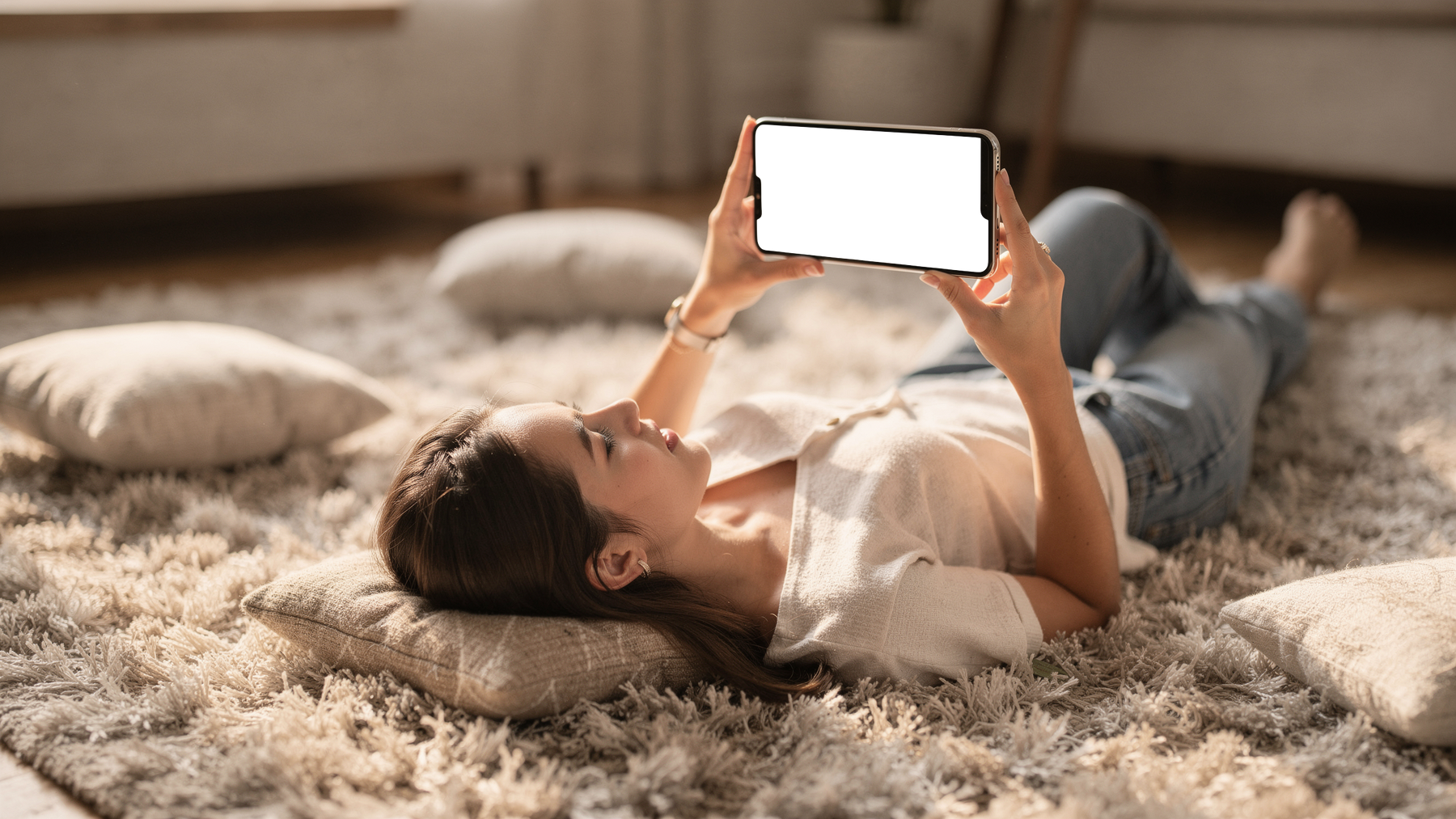 iPhone, People Floor Woman Rug | Instant PNG Download | Transparent Screen | Commercial Use | MockupBulk