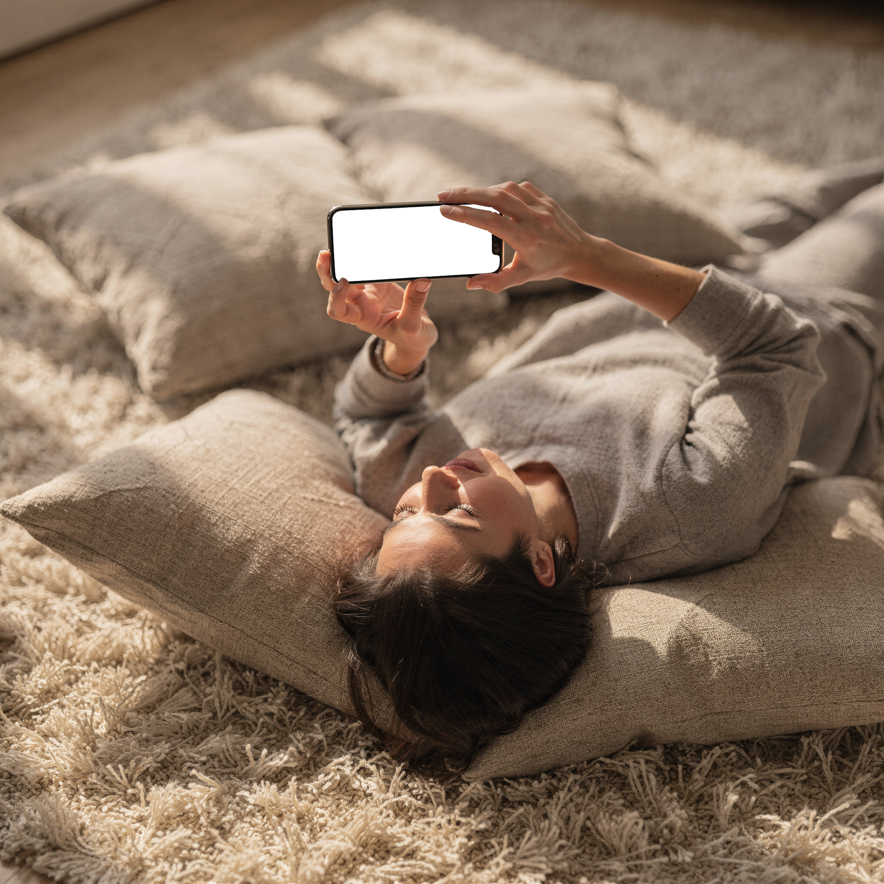 iPhone, People Floor Woman Rug | Transparent Screen PNG Download | Commercial Licence | bulkmockup
