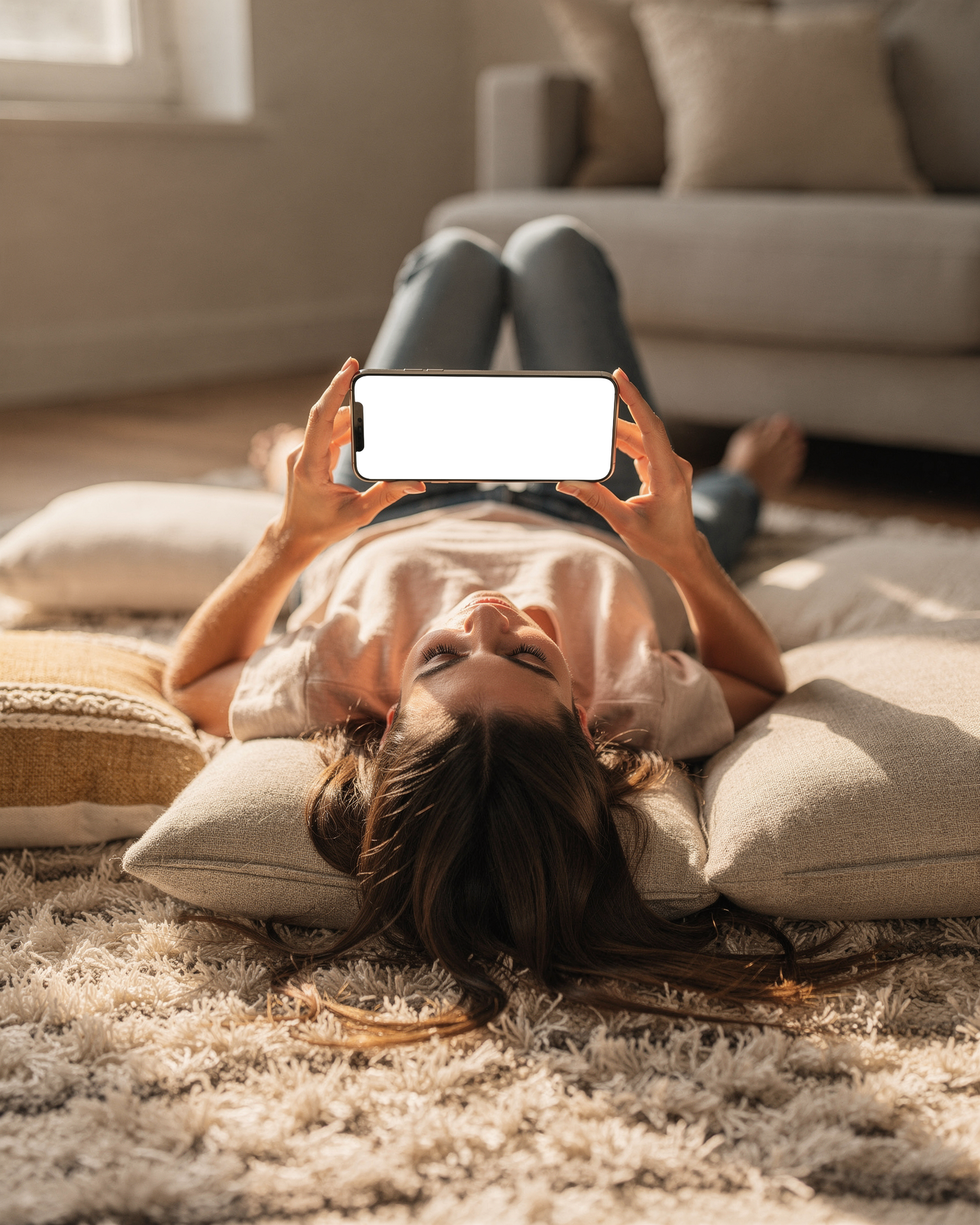 iPhone, People Floor Woman Rug | bulkmockup Transparent Mockup | PNG Download | Commercial Use | MockupBulk
