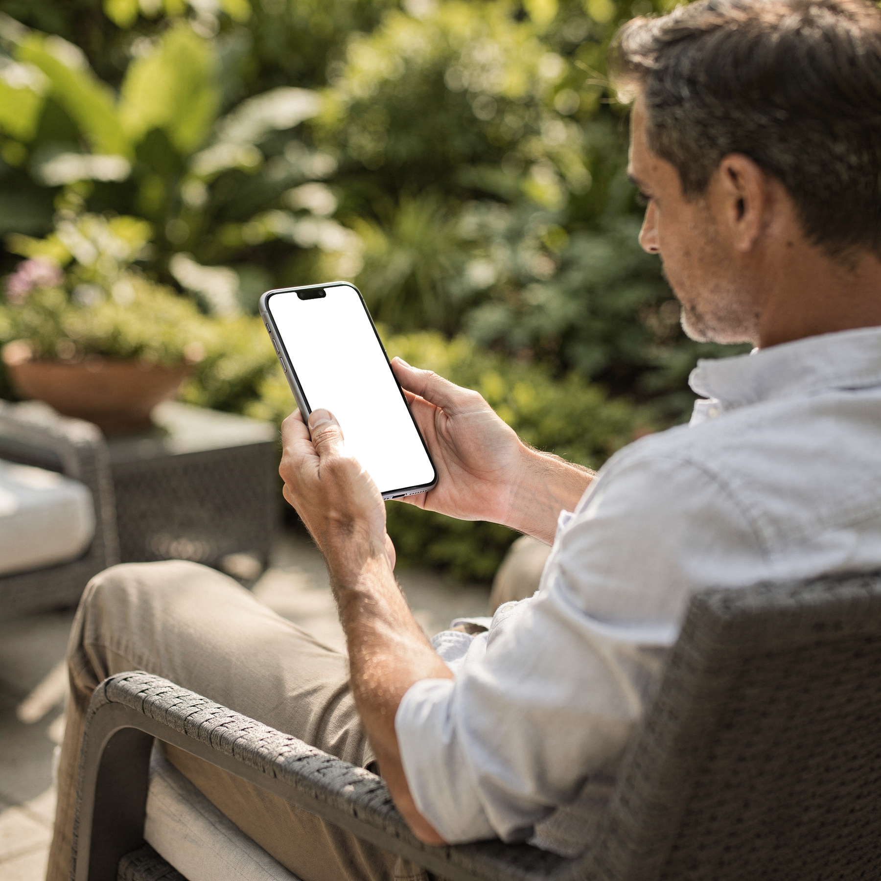 People Garden Man Patio iPhone Mockup | bulkmockup Transparent Mockup | PNG Download | Commercial Use | MockupBulk