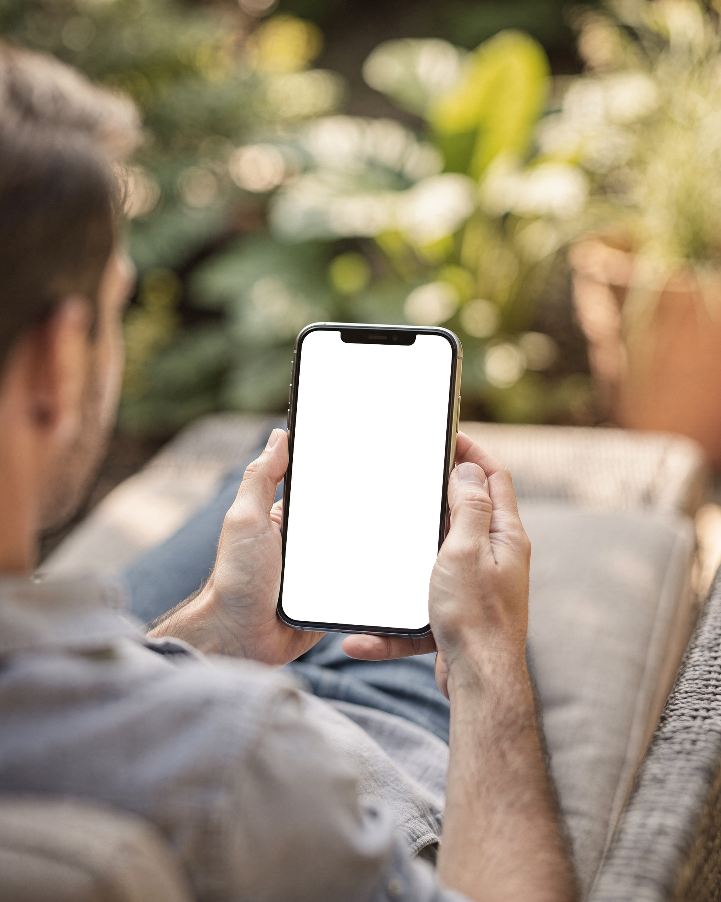 iPhone Mockup | People Garden Man Patio | High-Res PNG Mockup | bulkmockup | Commercial Licence | MockupBulk