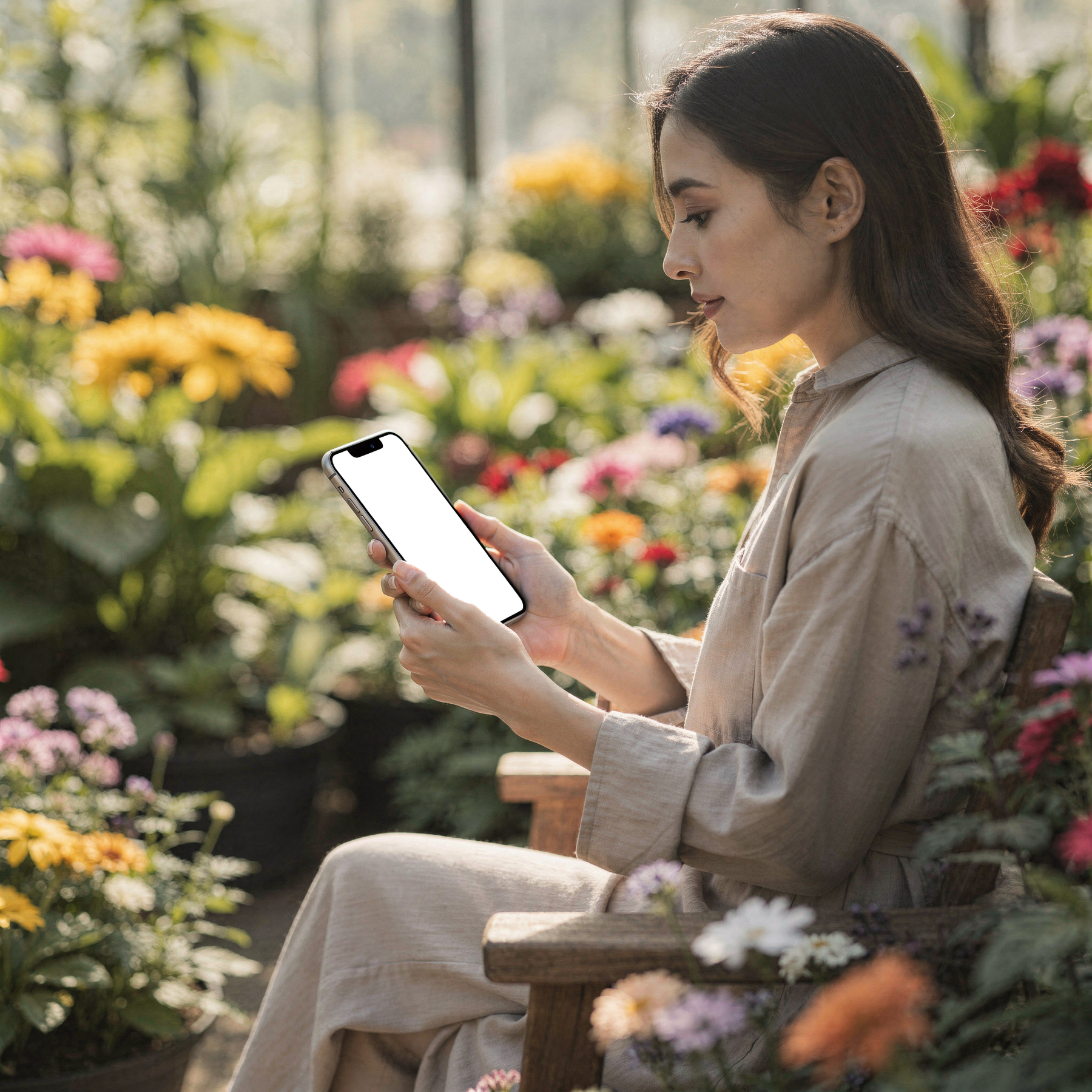 iPhone, People Garden Woman Flowers | bulkmockup Transparent Mockup | PNG Download | Commercial Use | MockupBulk