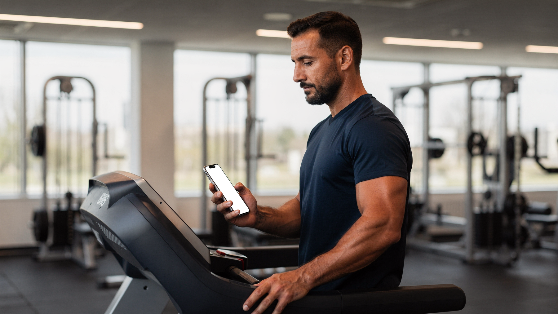 People Gym Man Treadmill iPhone Mockup | High-Resolution Transparent PNG | bulkmockup | Commercial Use | MockupBulk