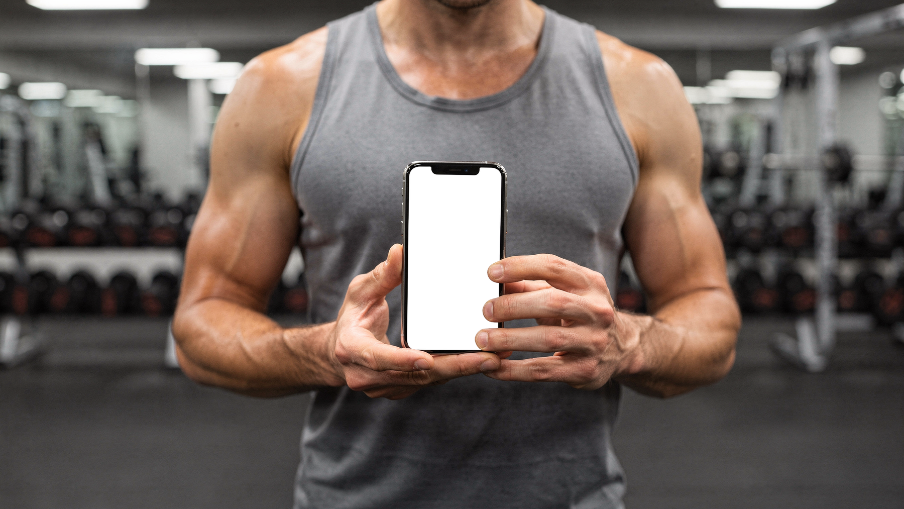 iPhone Mockup — People Gym Man Weights — High-Res PNG with Transparent Screen | Commercial Use | bulkmockup | MockupBulk