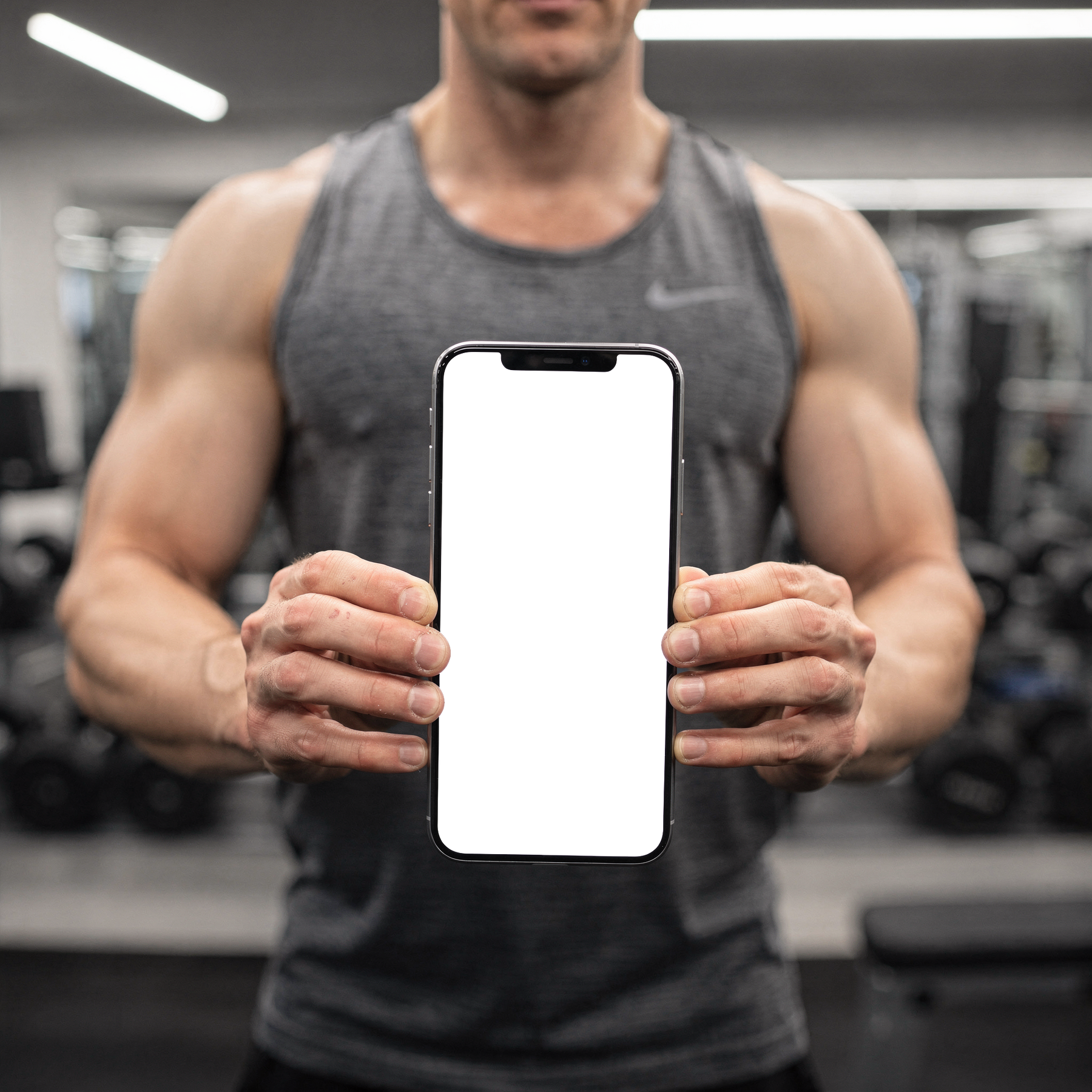 iPhone Mockup | People Gym Man Weights | High-Res PNG Mockup | bulkmockup | Commercial Licence | MockupBulk