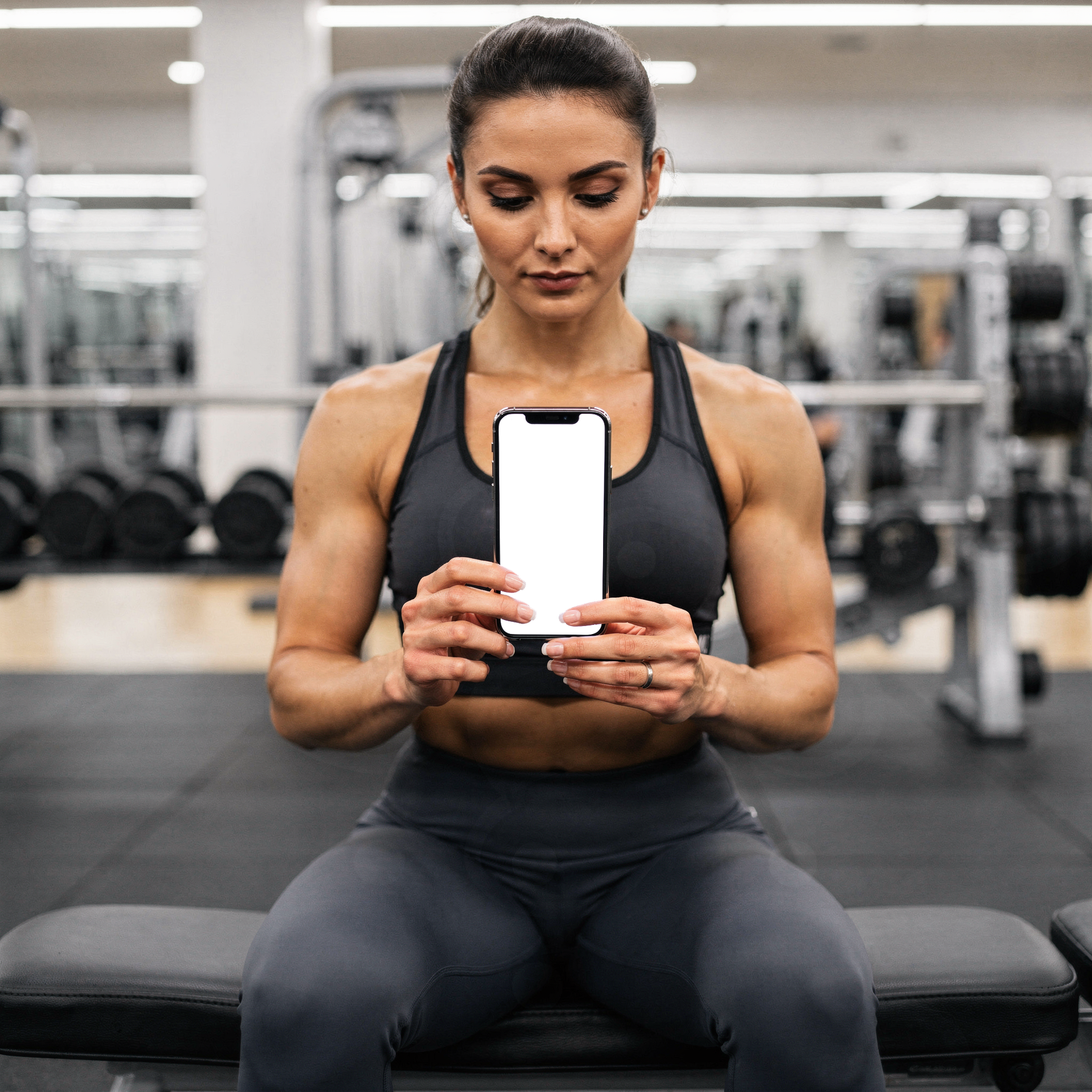 People Gym Woman Bench iPhone Mockup | High-Resolution Transparent PNG | bulkmockup | Commercial Use | MockupBulk