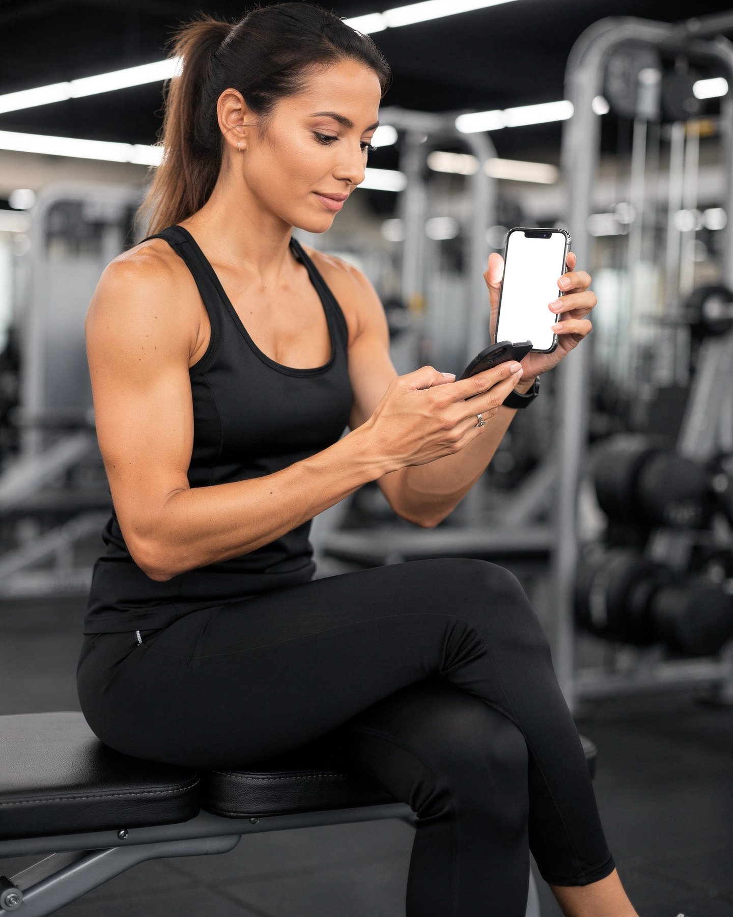 iPhone Mockup — People Gym Woman Bench — Instant PNG Download | Transparent Screen | Commercial Use | MockupBulk