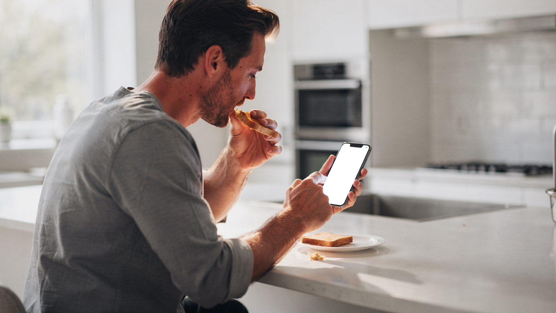 iPhone Mockup | People Kitchen Man Breakfast | PNG Mockup Template | bulkmockup | For App & Web Designers | MockupBulk