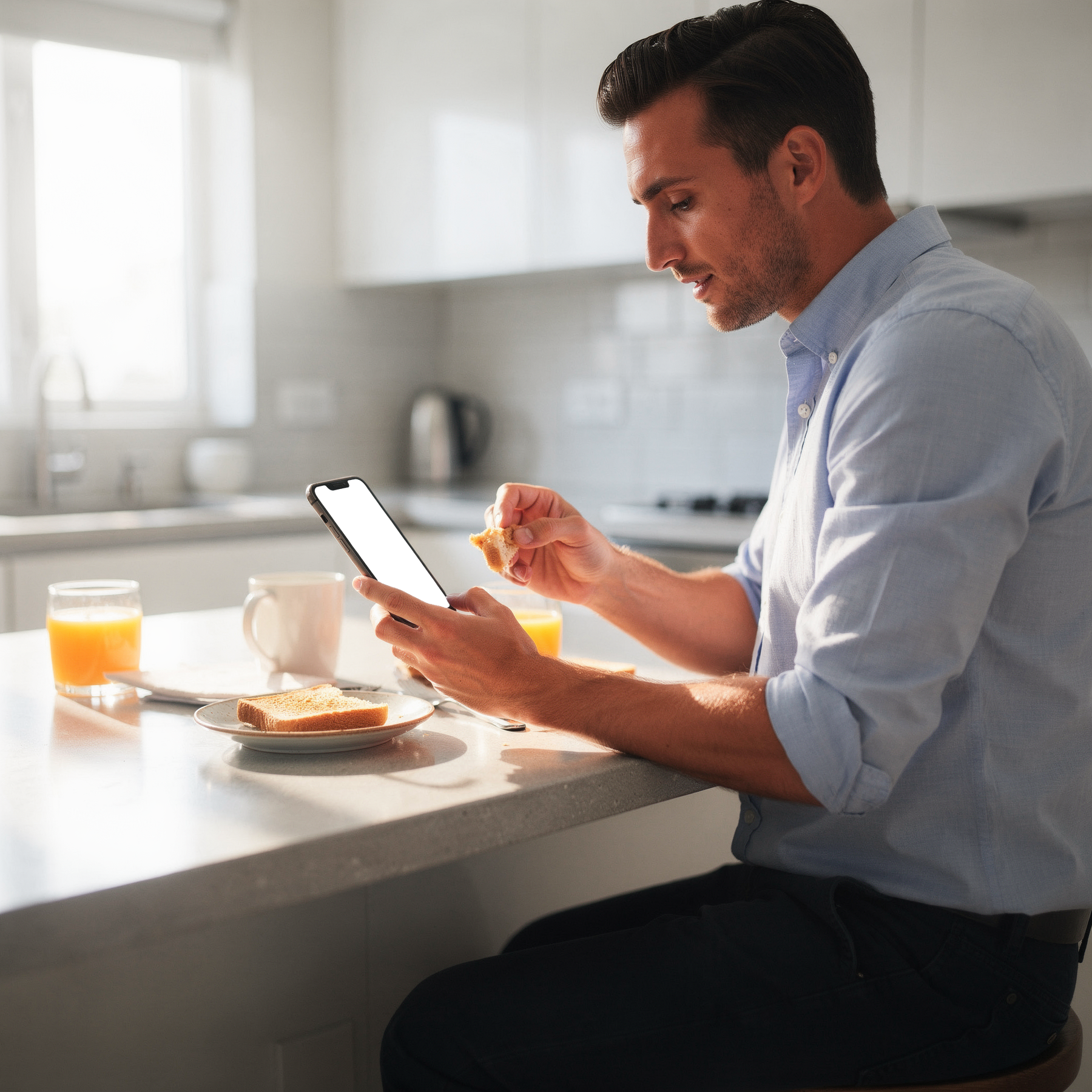 iPhone, People Kitchen Man Breakfast | Screen Mockup PNG | bulkmockup Download | For UI/UX Designers | MockupBulk