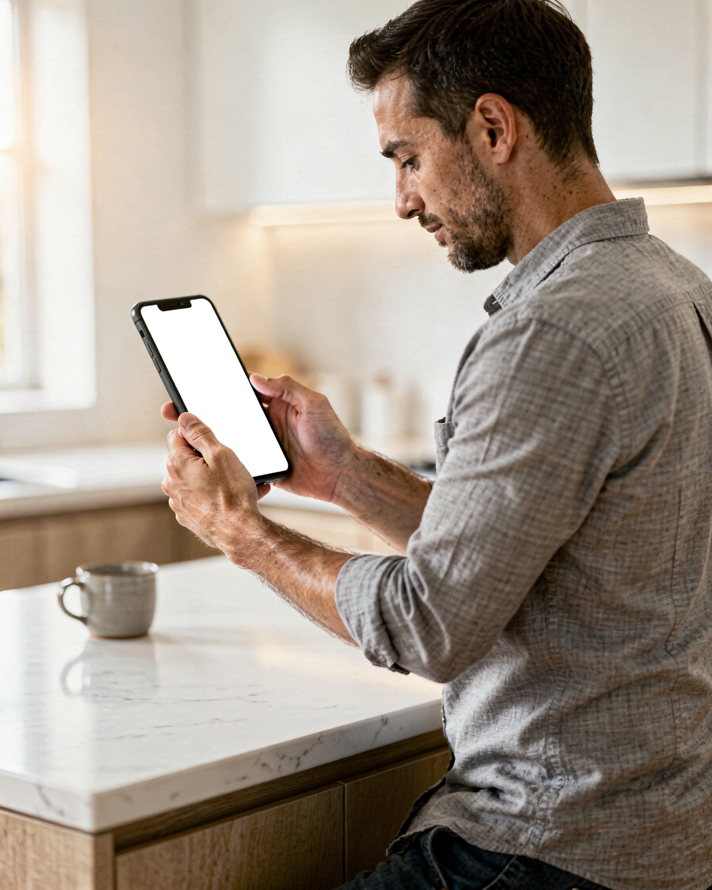 iPhone Mockup | People Kitchen Man Island | bulkmockup Transparent Mockup | PNG Download | Commercial Use | MockupBulk