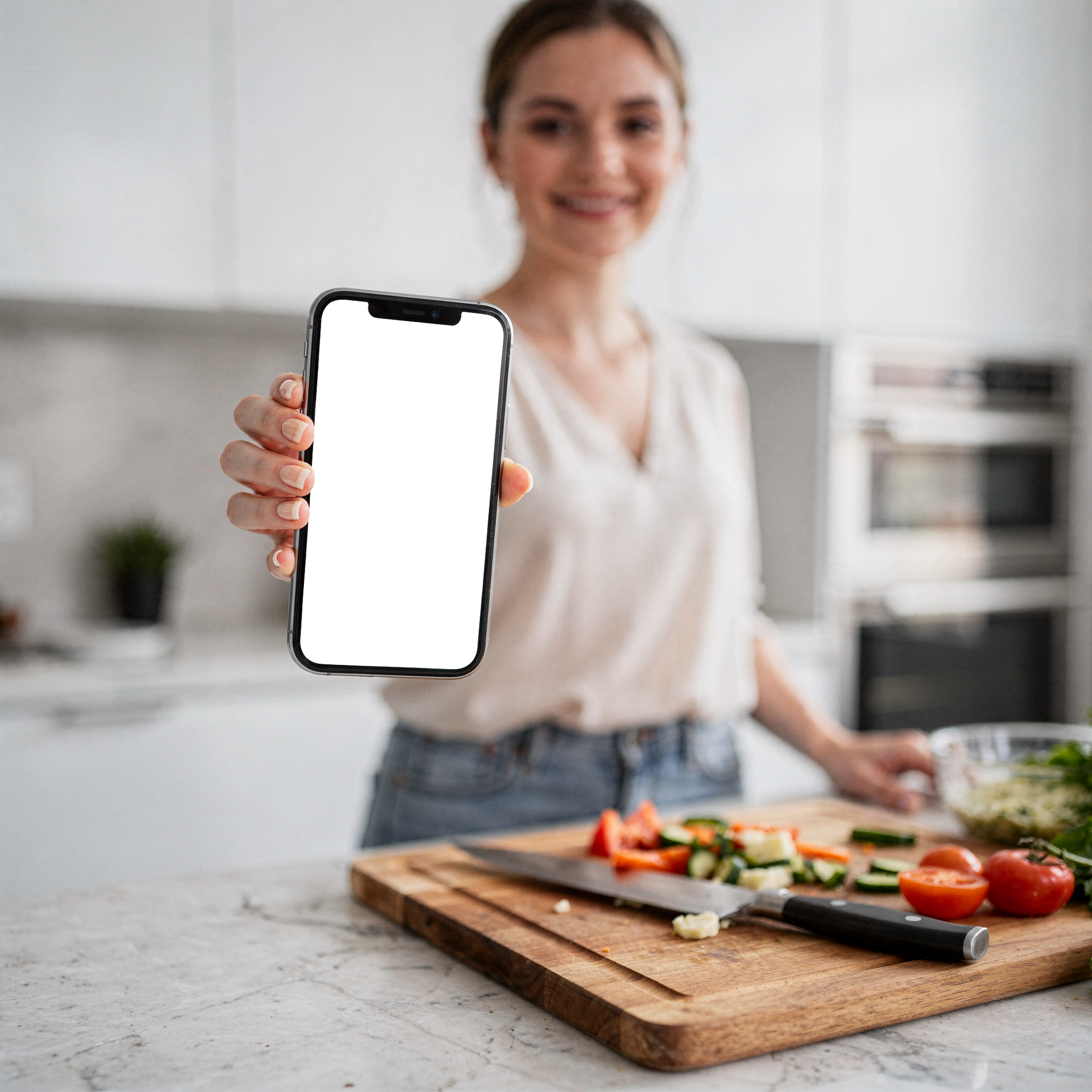 iPhone Mockup — People Kitchen Woman Cook — bulkmockup Transparent Mockup | PNG Download | Commercial Use | MockupBulk