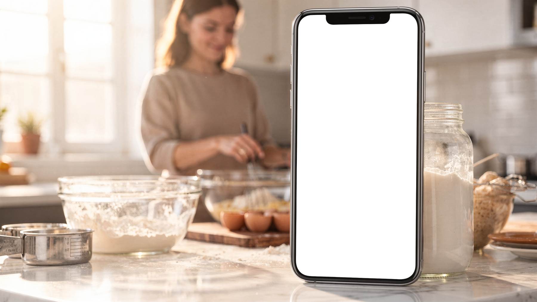 iPhone Mockup — People Kitchen Woman Recipe — High-Res PNG with Transparent Screen | Commercial Use | bulkmockup | MockupBulk
