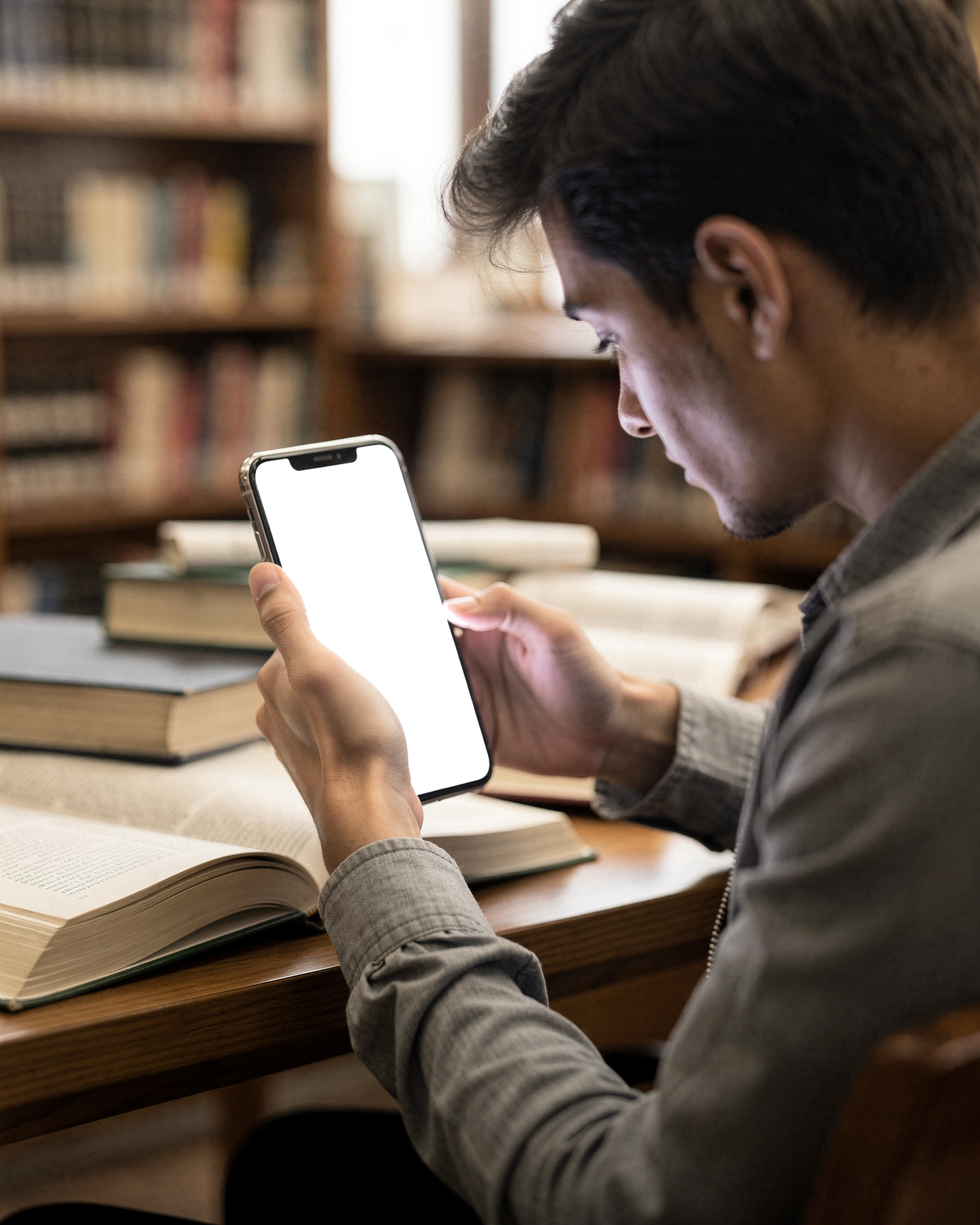 iPhone, People Library Student Desk | Instant PNG Download | Transparent Screen | Commercial Use | MockupBulk