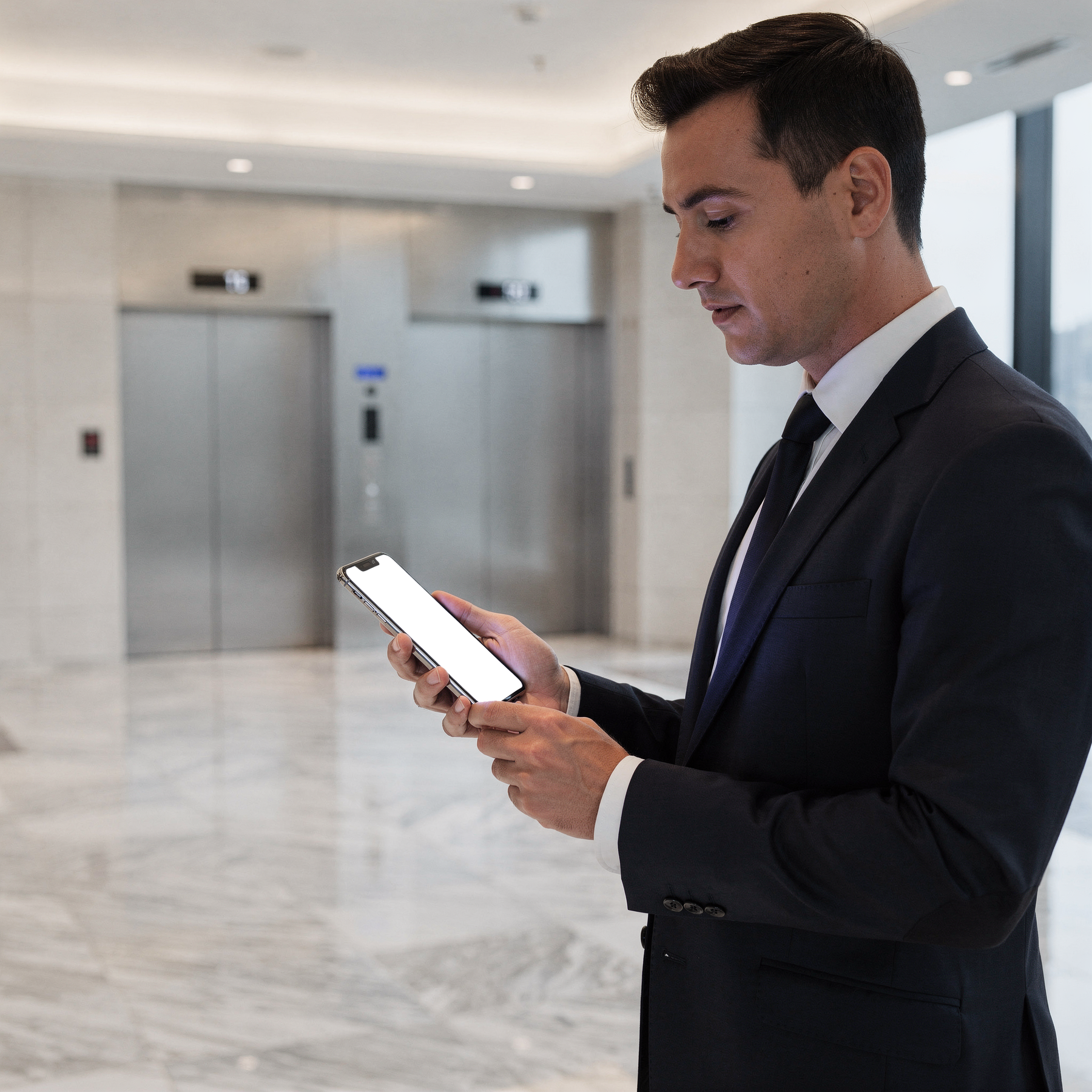 iPhone Mockup | People Office Man Elevator | bulkmockup PNG Template | Transparent Display | Commercial Use | MockupBulk