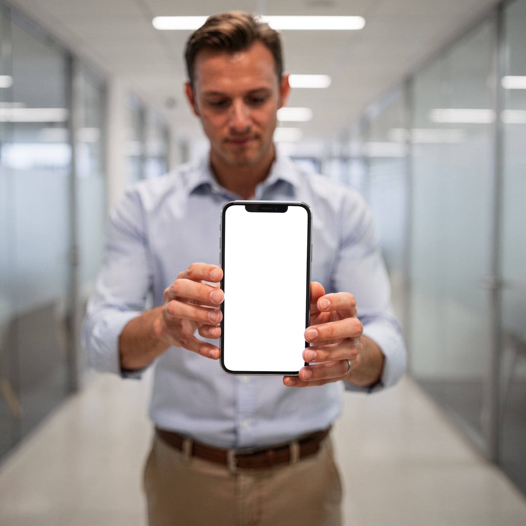 iPhone Mockup | People Office Man Hallway | Device Mockup PNG | bulkmockup | Commercial Licence Included | MockupBulk