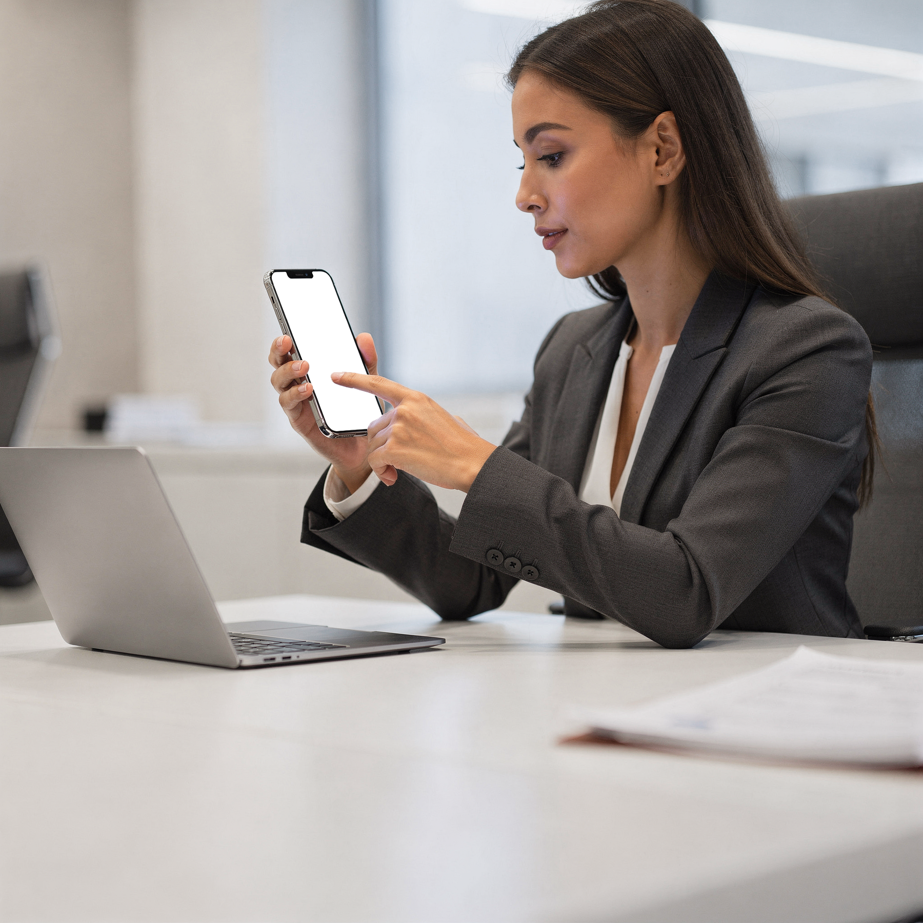 People Office Woman Desk iPhone Mockup | High-Resolution Transparent PNG | bulkmockup | Commercial Use | MockupBulk
