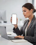 iPhone Mockup — People Office Woman Desk — High-Res PNG with Transparent Screen | Commercial Use | bulkmockup | MockupBulk