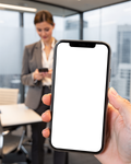 iPhone, People Office Woman Meeting | bulkmockup PNG Template | Transparent Display | Commercial Use | MockupBulk
