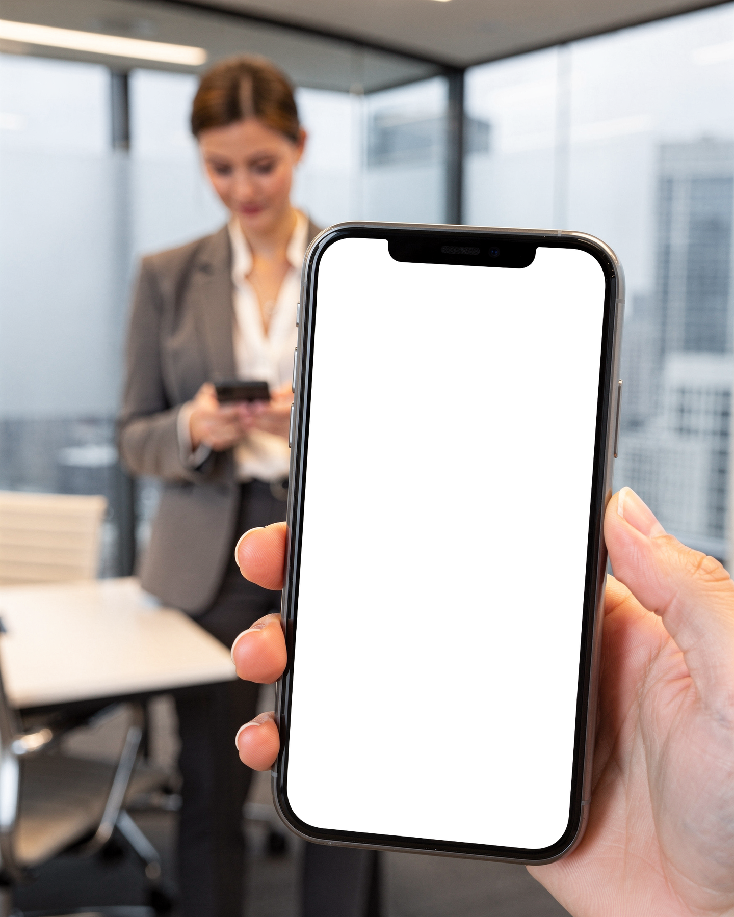 iPhone, People Office Woman Meeting | bulkmockup PNG Template | Transparent Display | Commercial Use | MockupBulk