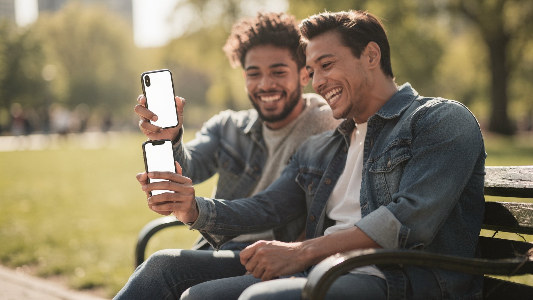 iPhone Mockup — People Park Friends Bench — High-Resolution Transparent PNG | bulkmockup | Commercial Use | MockupBulk