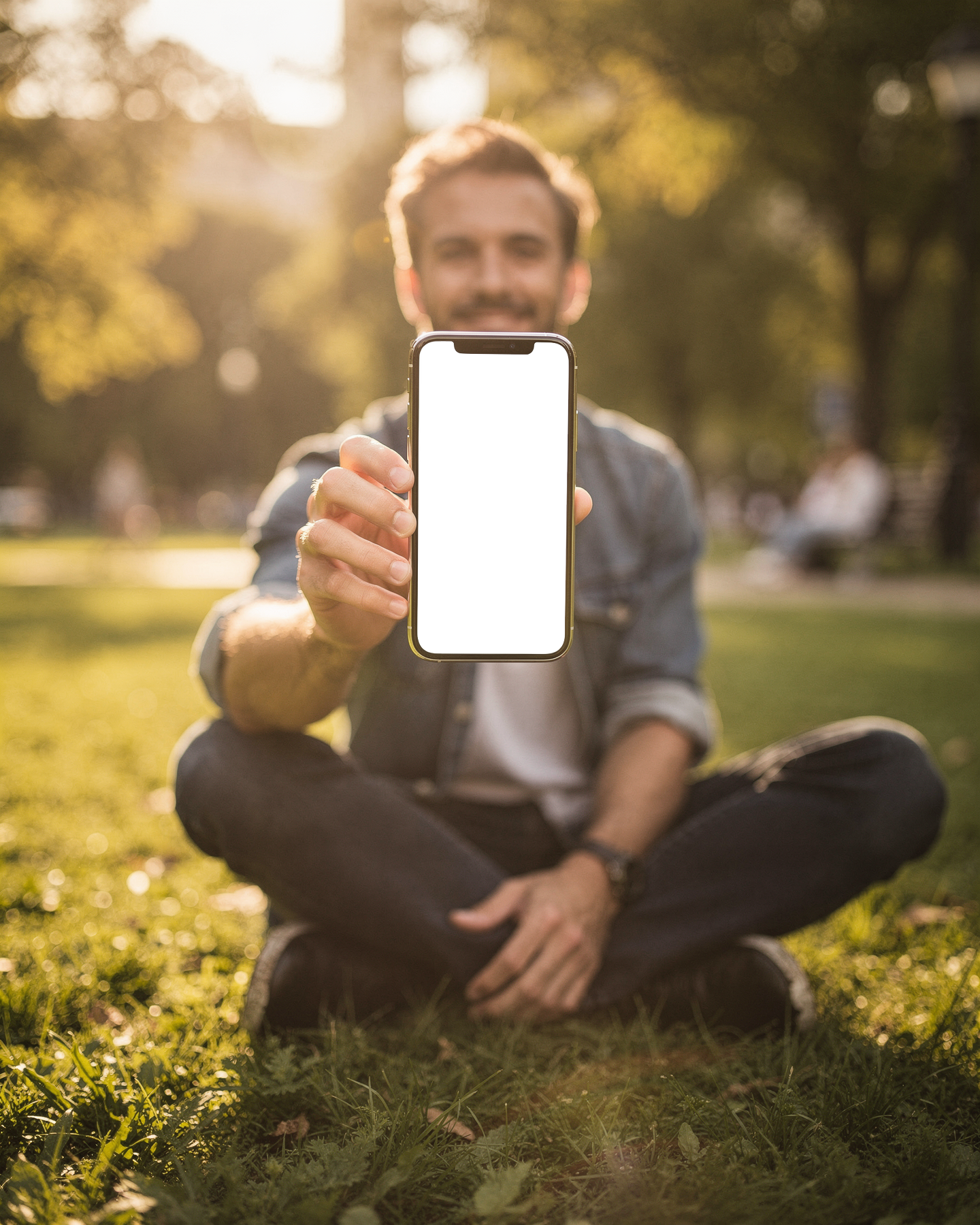 iPhone Mockup | People Park Man Grass | PNG Mockup Template | bulkmockup | For App & Web Designers | MockupBulk