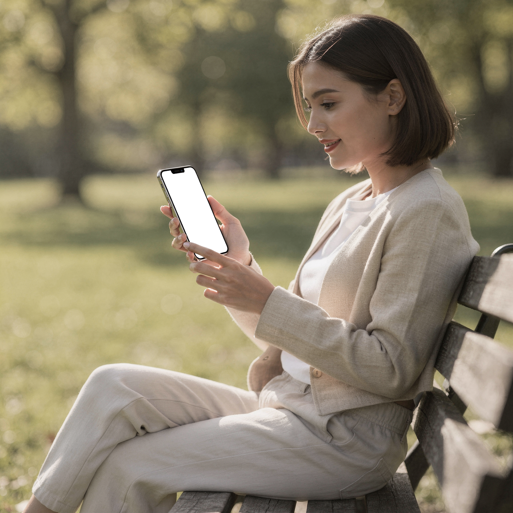 iPhone Mockup — People Park Woman Bench — Screen Mockup PNG | bulkmockup Download | For UI/UX Designers | MockupBulk