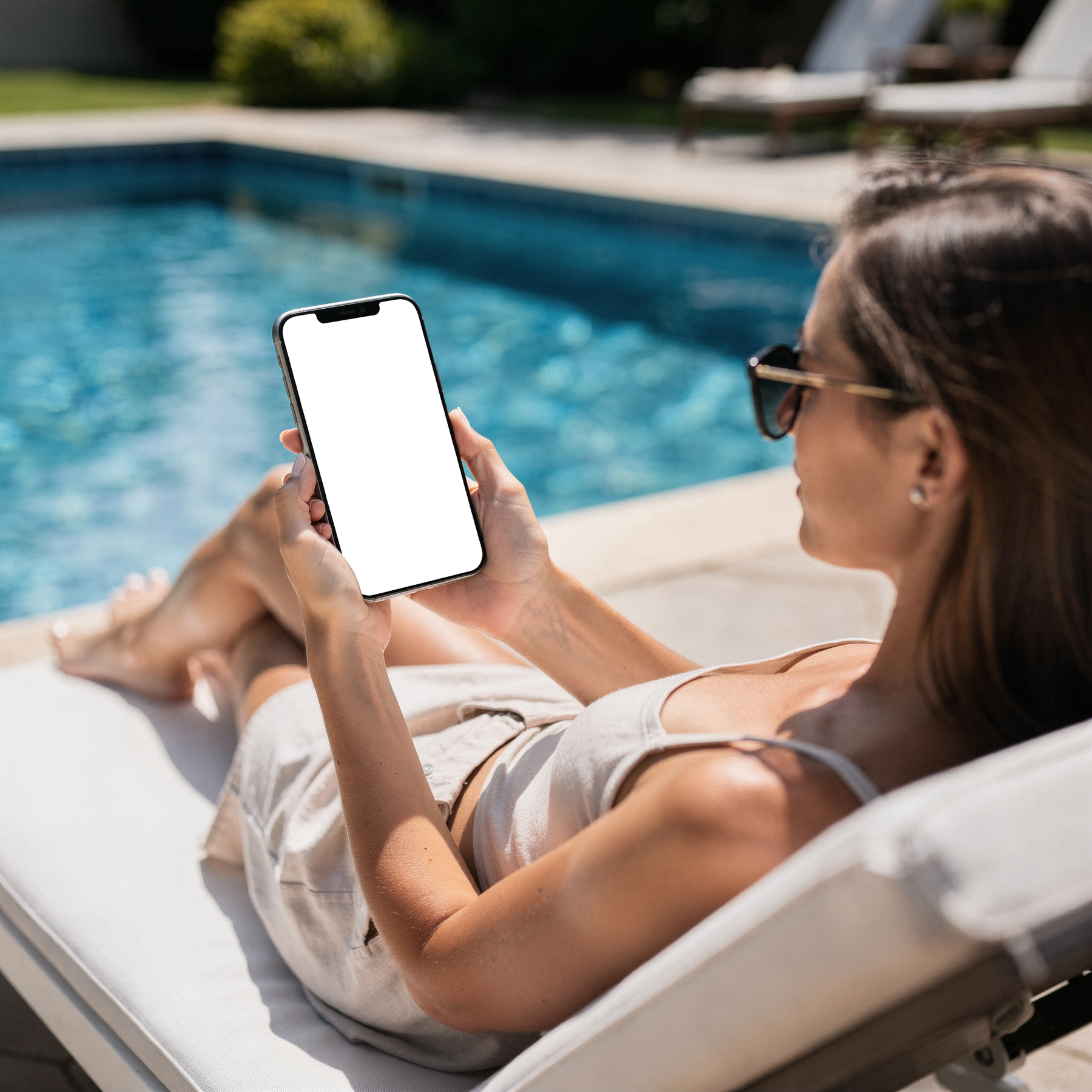 iPhone Mockup | People Pool Woman Lounger | Device Mockup PNG | bulkmockup | Commercial Licence Included | MockupBulk