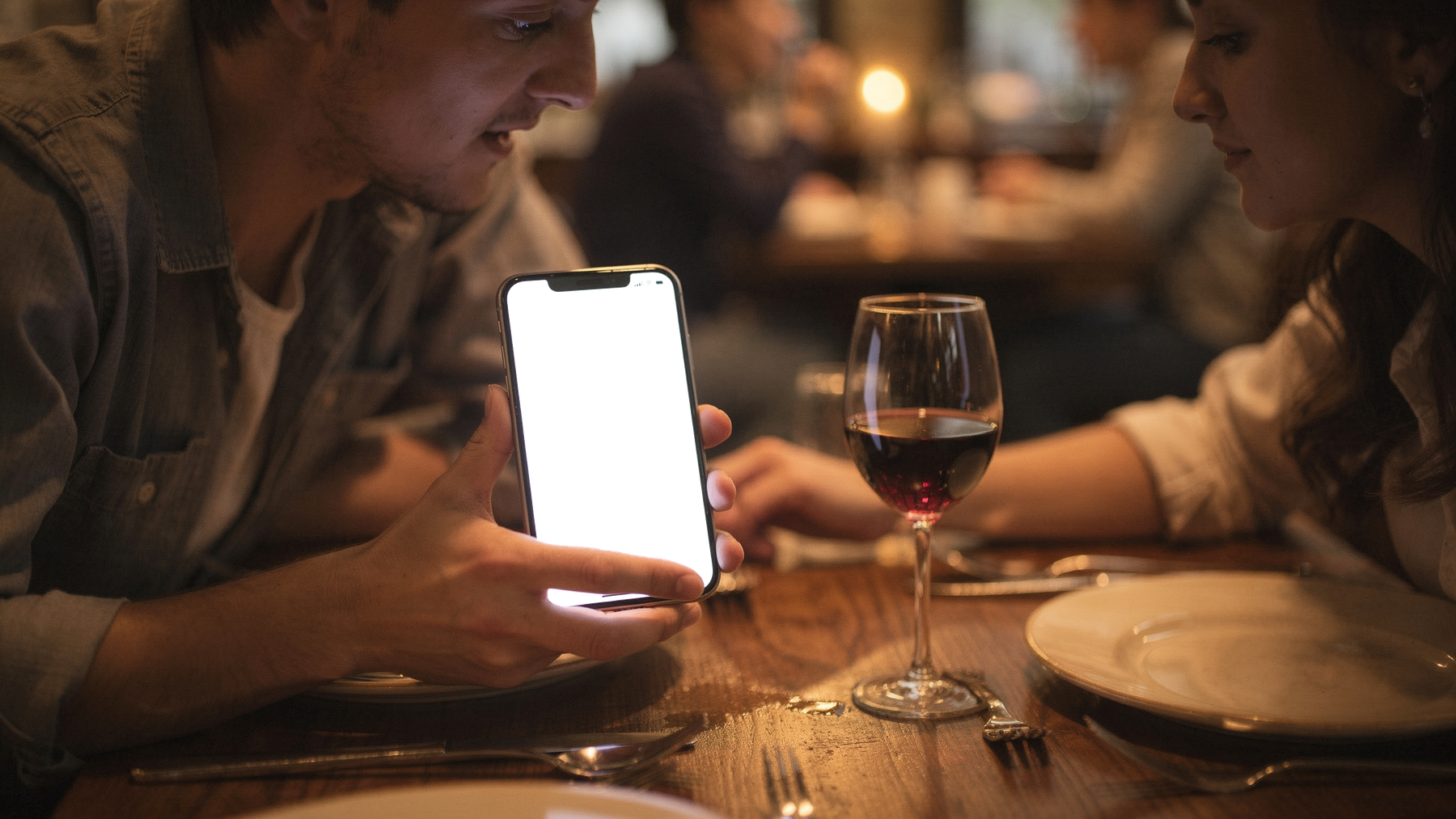iPhone, People Restaurant Couple Table | bulkmockup PNG Template | Transparent Display | Commercial Use | MockupBulk