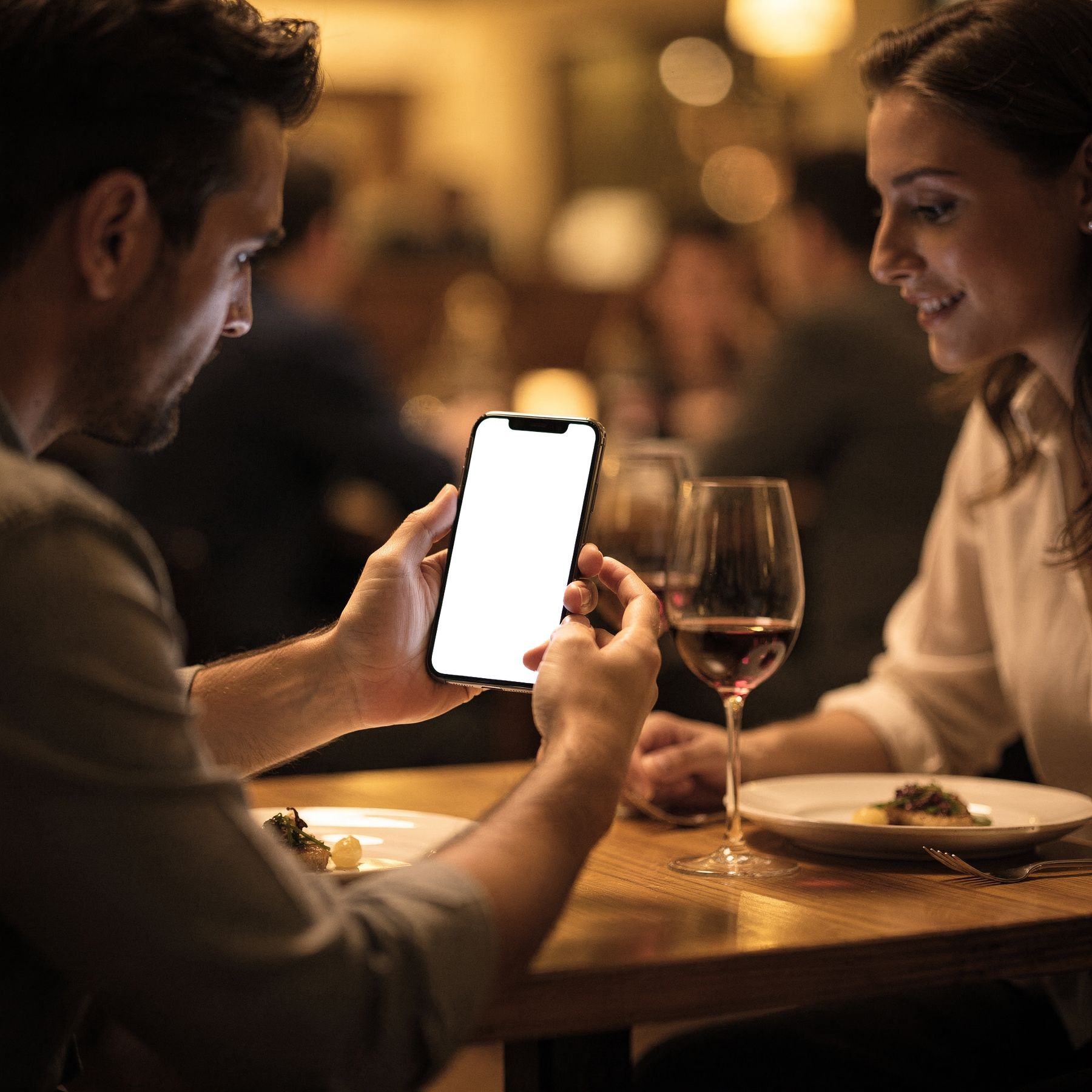 iPhone Mockup | People Restaurant Couple Table | High-Resolution Transparent PNG | bulkmockup | Commercial Use | MockupBulk