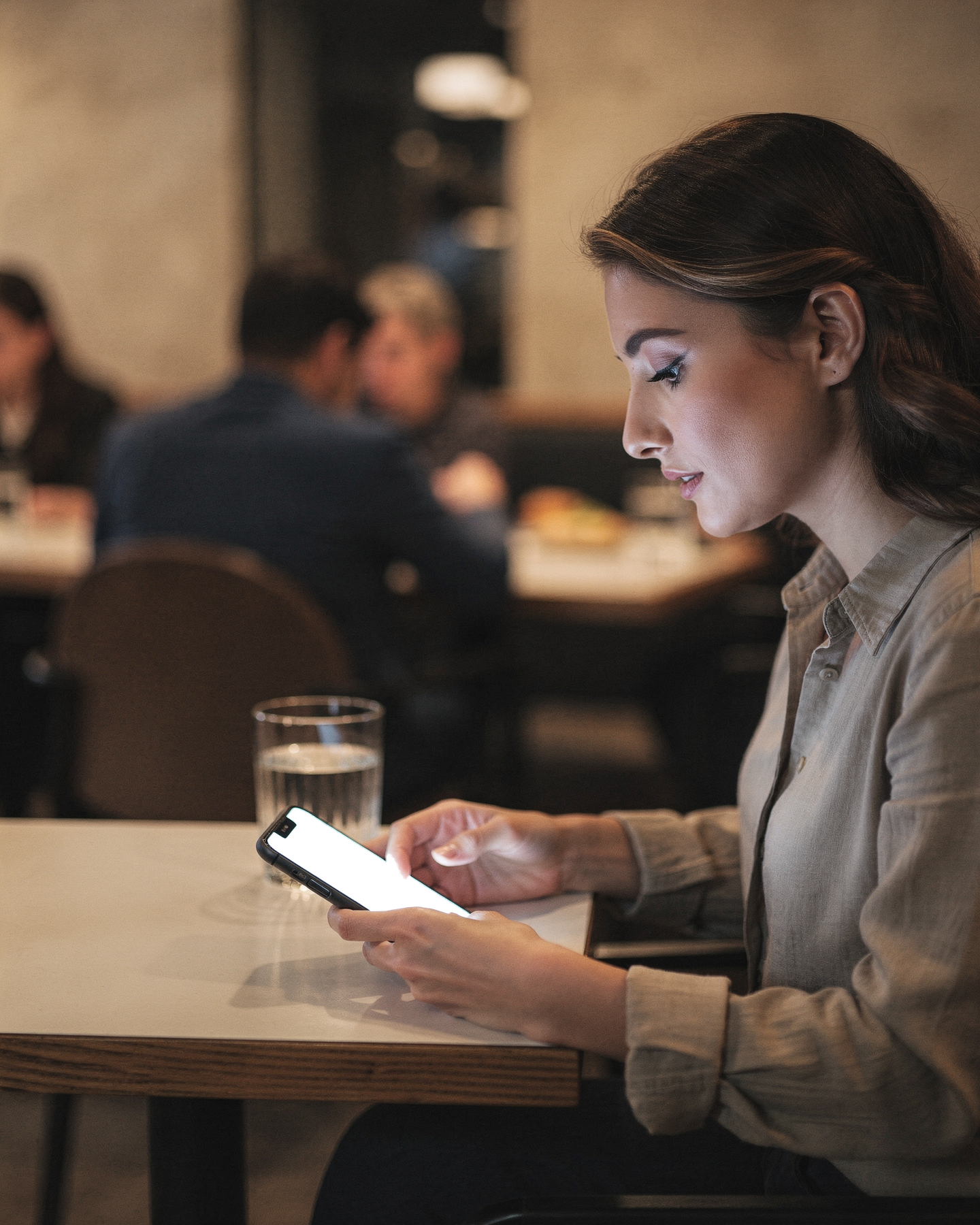 iPhone Mockup | People Restaurant Woman Wait | High-Res PNG with Transparent Screen | Commercial Use | bulkmockup | MockupBulk