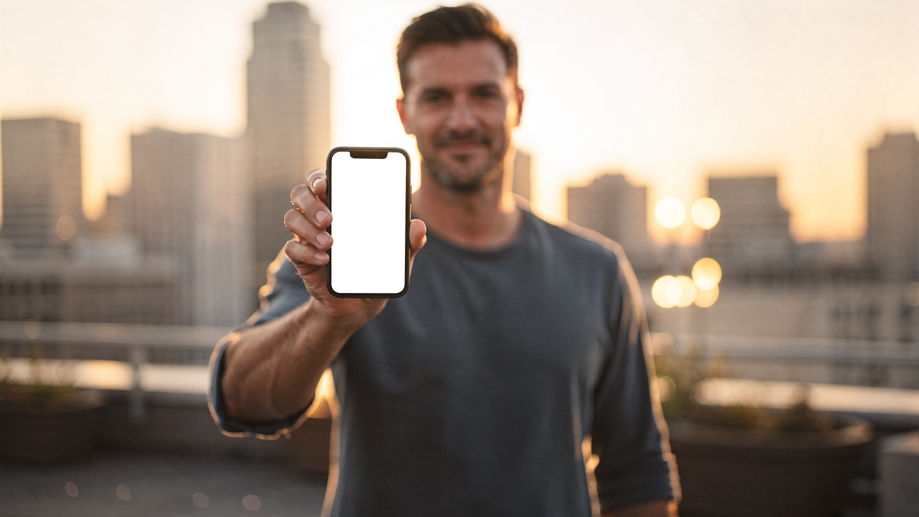 iPhone Mockup | People Rooftop Man Evening | High-Res PNG with Transparent Screen | Commercial Use | bulkmockup | MockupBulk