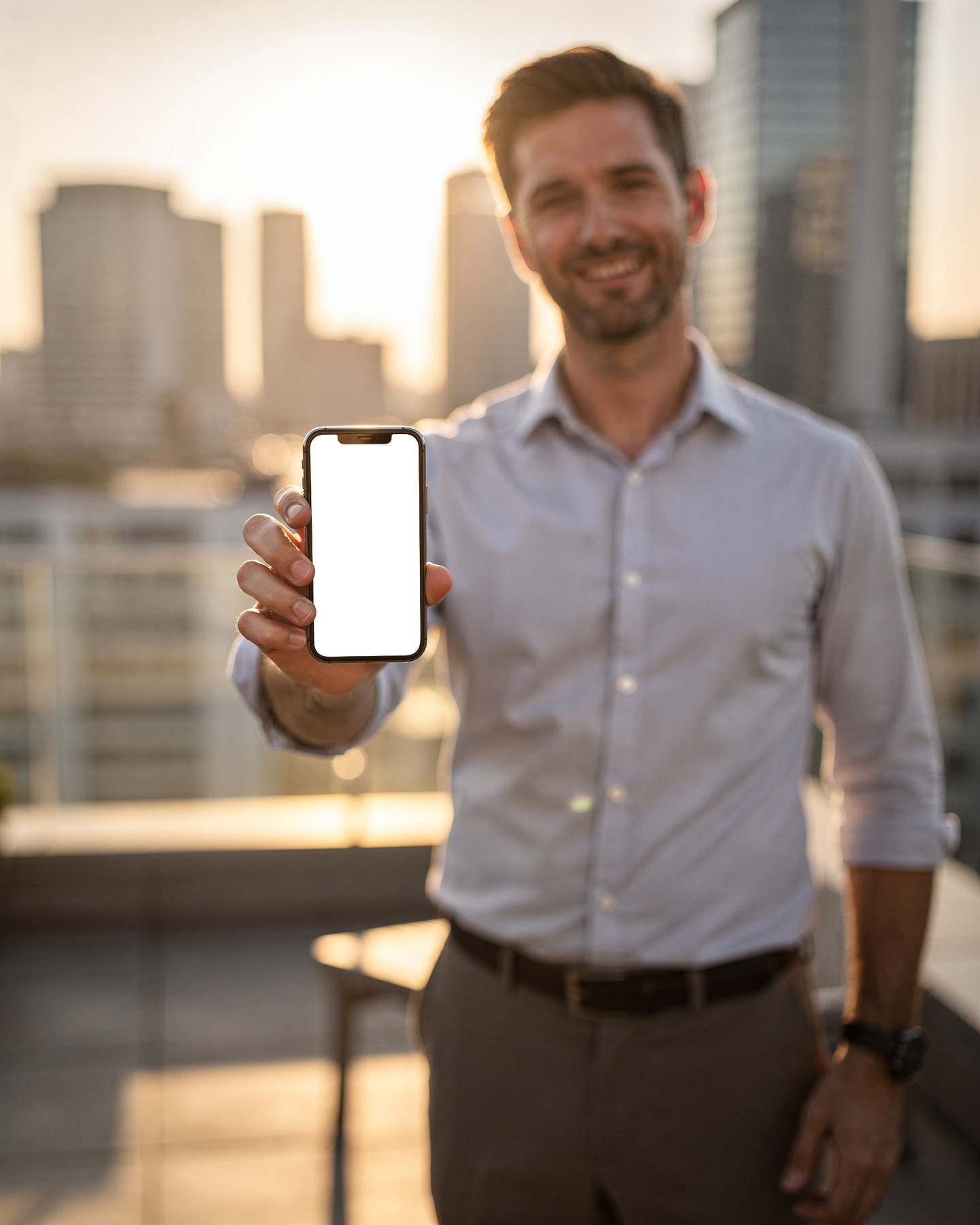 People Rooftop Man Evening iPhone Mockup | Transparent Screen PNG Download | Commercial Licence | bulkmockup