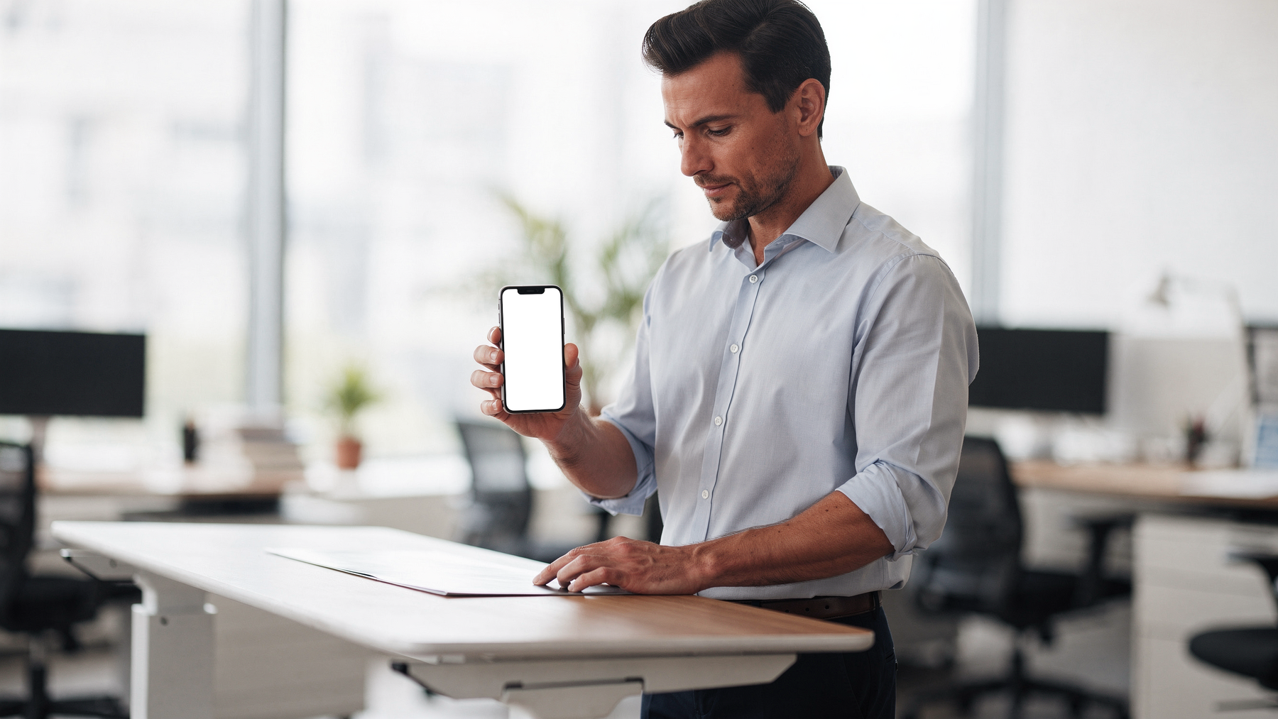 People Standing Desk Man Stand iPhone Mockup | Transparent Screen PNG Download | Commercial Licence | bulkmockup