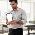 iPhone Mockup | People Standing Desk Man Stand | Instant PNG Download | Transparent Screen | Commercial Use | MockupBulk