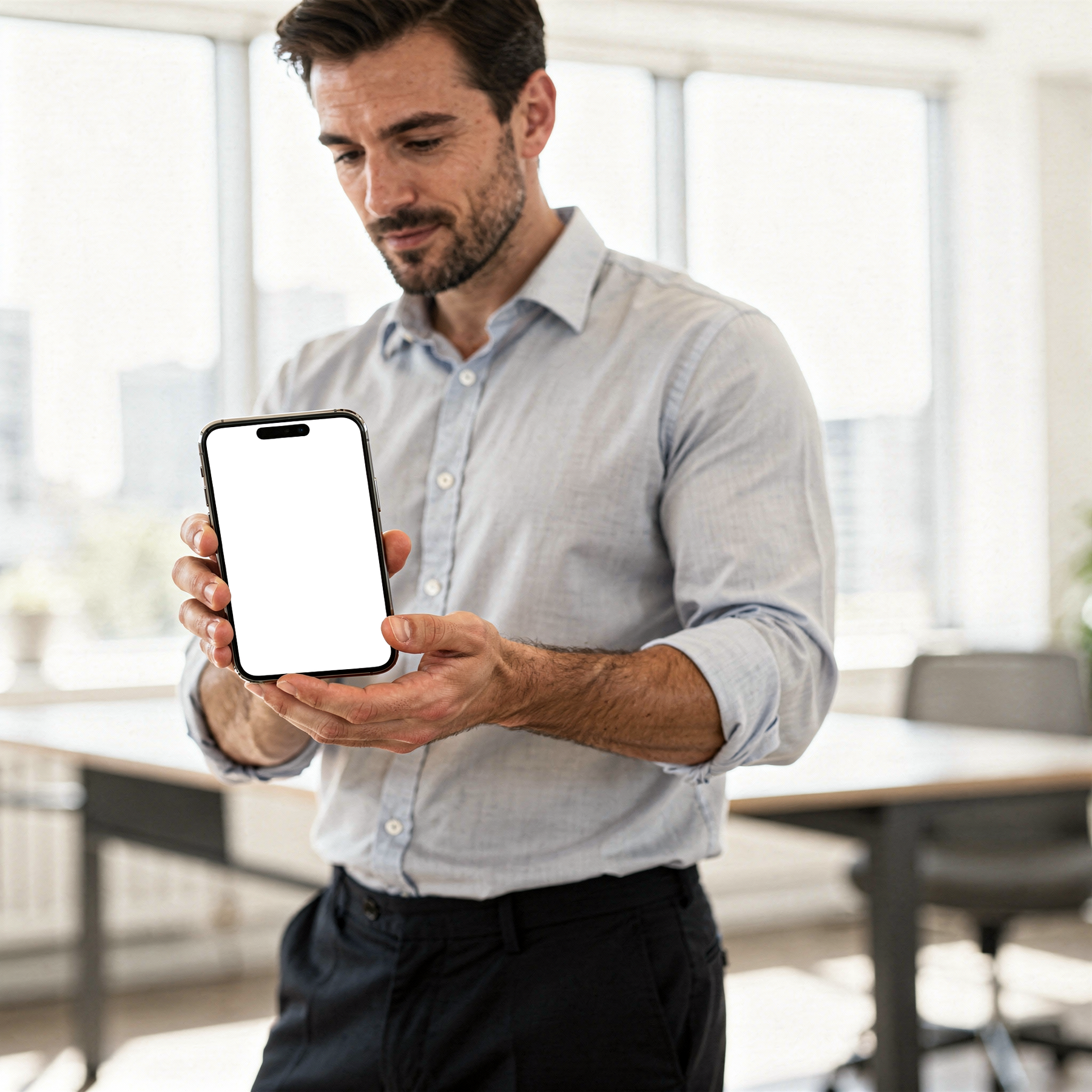 iPhone Mockup | People Standing Desk Man Stand | Instant PNG Download | Transparent Screen | Commercial Use | MockupBulk