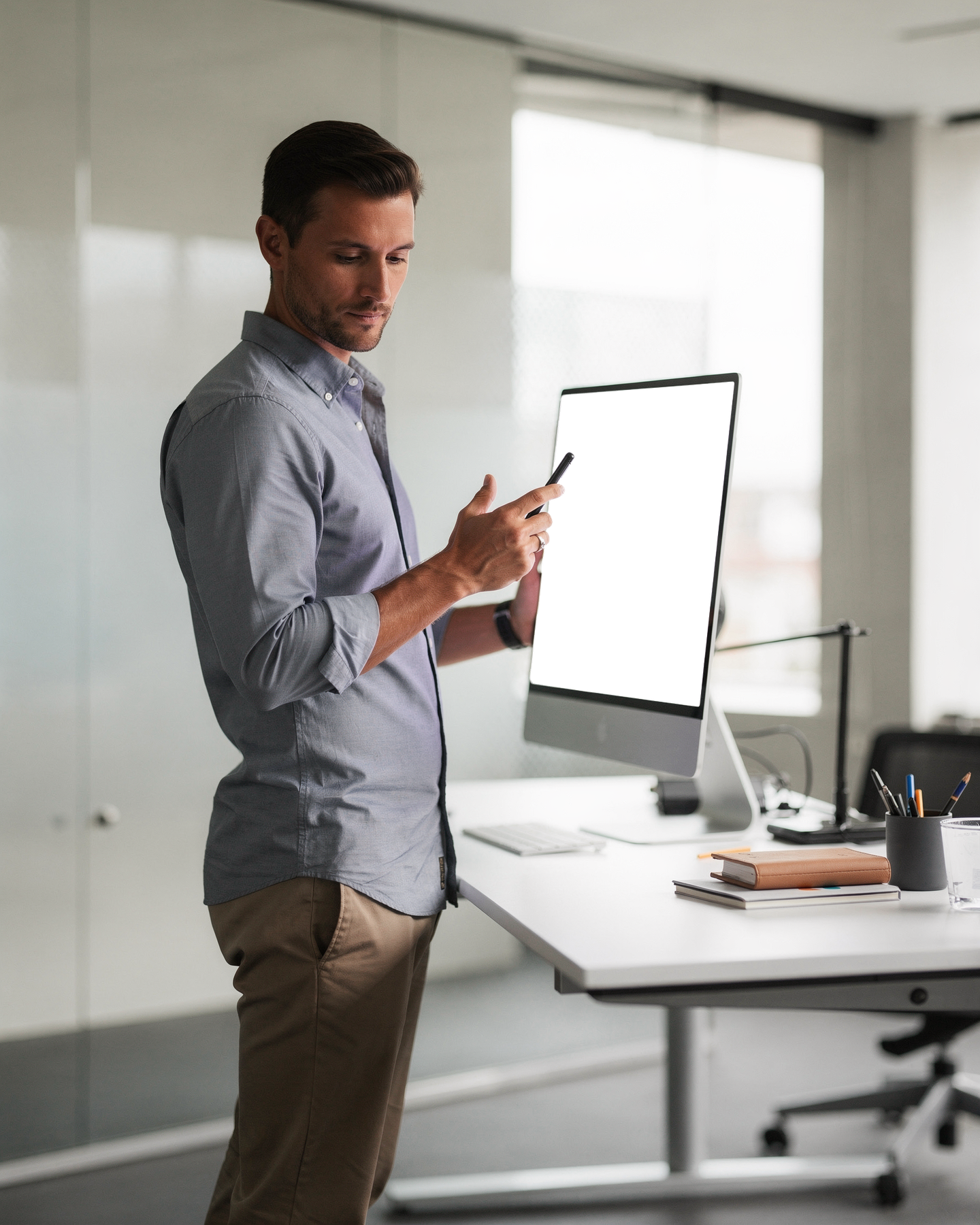 iPhone Mockup | People Standing Desk Man Stand | High-Resolution Transparent PNG | bulkmockup | Commercial Use | MockupBulk