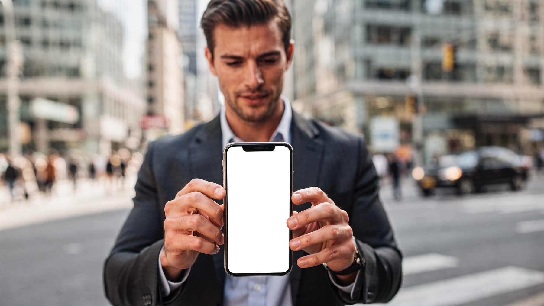 People Street Man Corner iPhone Mockup | PNG Mockup Template | bulkmockup | For App & Web Designers | MockupBulk