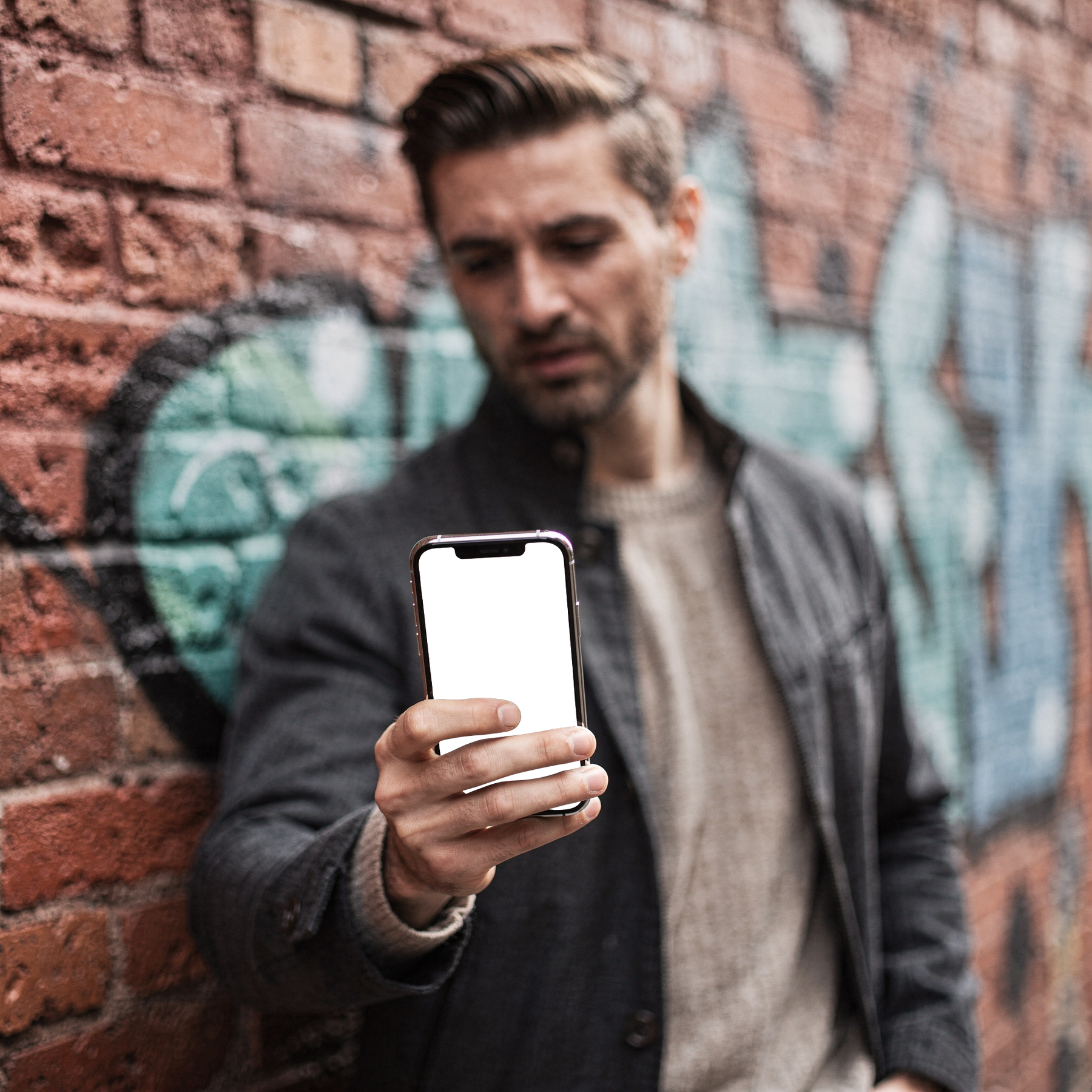 iPhone, People Street Man Leaning | High-Res PNG Mockup | bulkmockup | Commercial Licence | MockupBulk